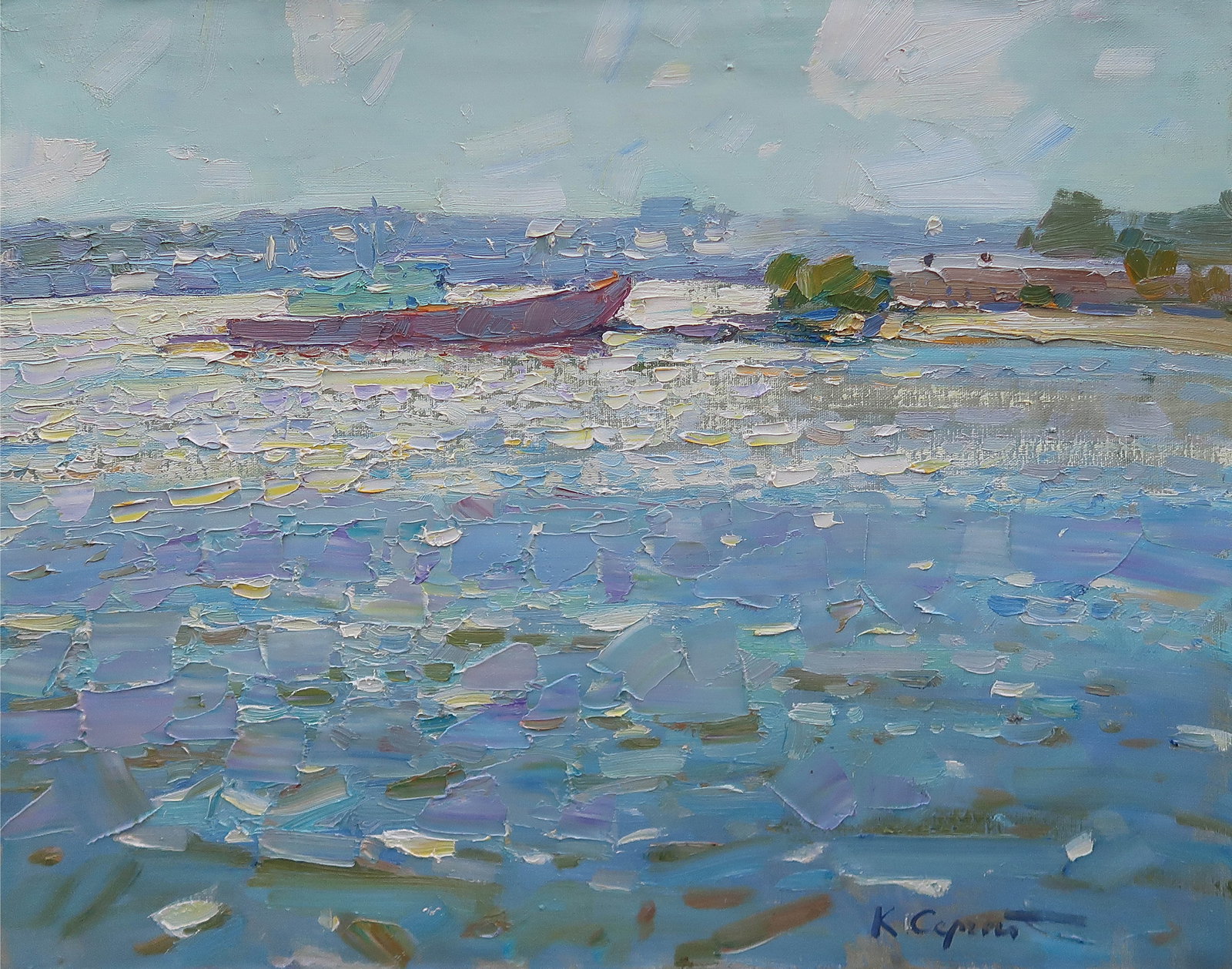 Oil painting Lake Serg Kovalenko: Title: Oil painting Lake Serg Kovalenko Description: 154SK Painter: Serg Kovalenko S?ze: 50x60 cm/19.7x23.6 inches Components: oil, canvas Original painting CONDITION: exellent ERA: modern Graduated f