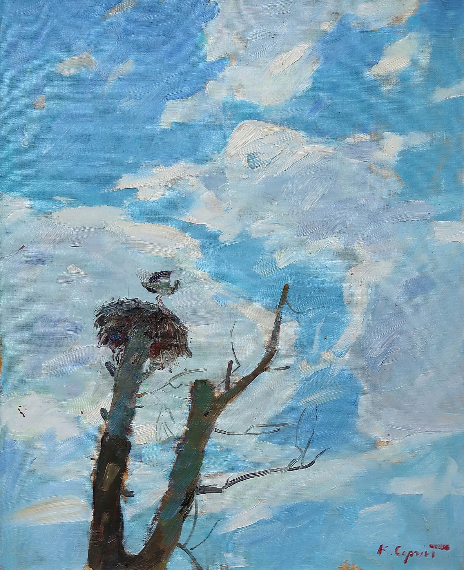 Oil painting Stork nest Serg Kovalenko: Title: Oil painting Stork nest Serg Kovalenko Description: 167SK Painter: Serg Kovalenko S?ze: 50x60 cm/19.7x23.6 inches Components: oil, canvas Original painting CONDITION: exellent ERA: modern