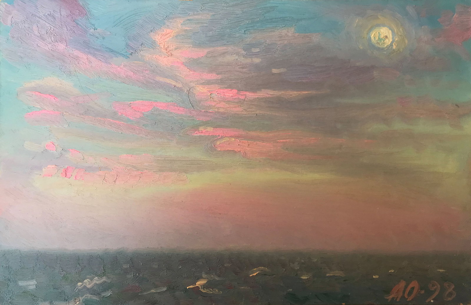 Abstract Oil painting Pink evening at sea Onyshchenko: Title: Abstract Oil painting Pink evening at sea Onyshchenko Description: 11ON Painter: Onyshchenko Anatoly Ivanovich S?ze: 26.5x42 cm/ 10.43x16.53 inches Components: oil, fiberboard Original painting