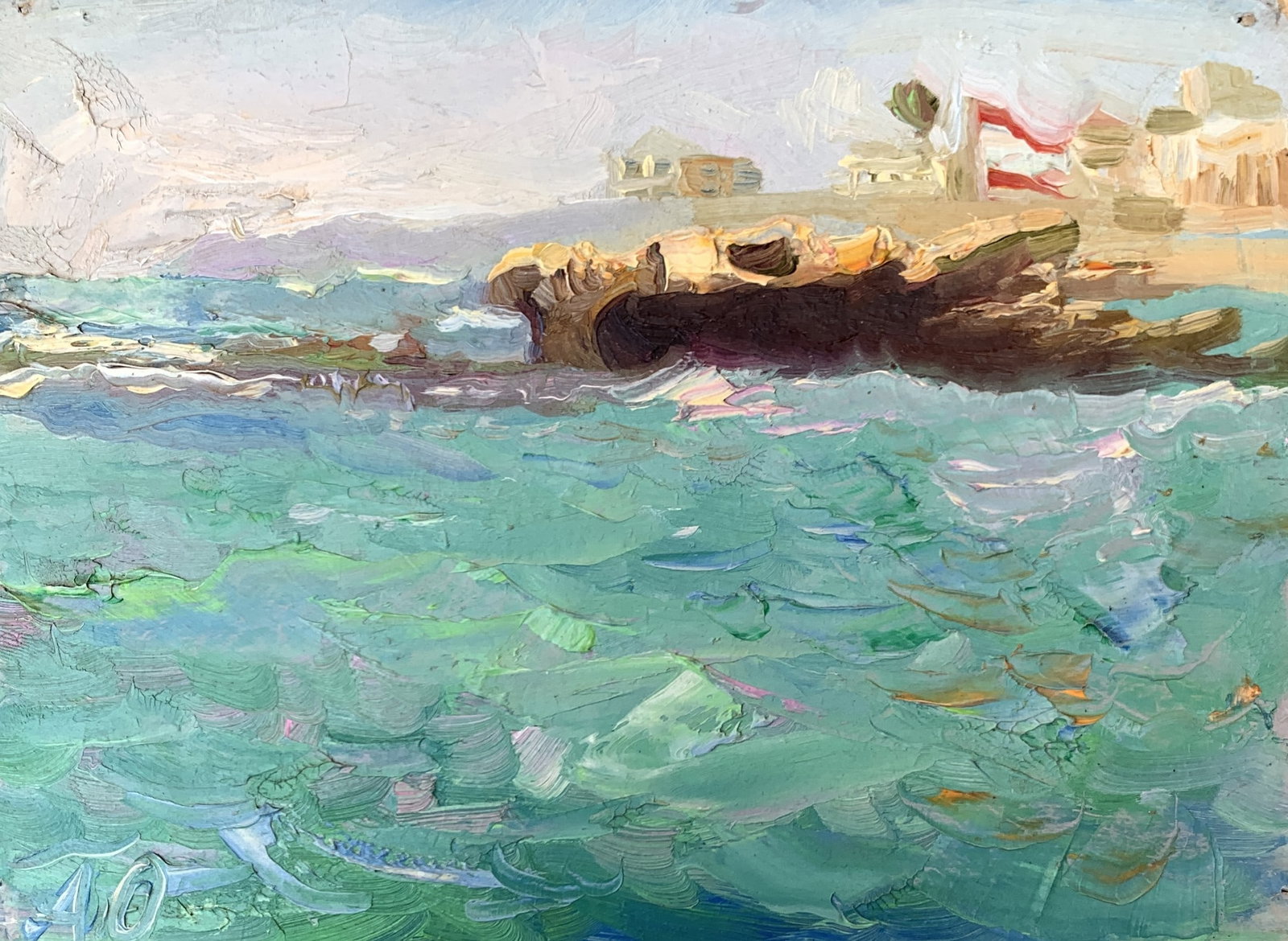 Oil painting Mediterranean coast Onyshchenko: Title: Oil painting Mediterranean coast Onyshchenko Description: 18ON Painter: Onyshchenko Anatoly Ivanovich S?ze: 16,5x22 cm/ 6,49x8,66 inches Components: oil, cardboard Original painting CONDITION: