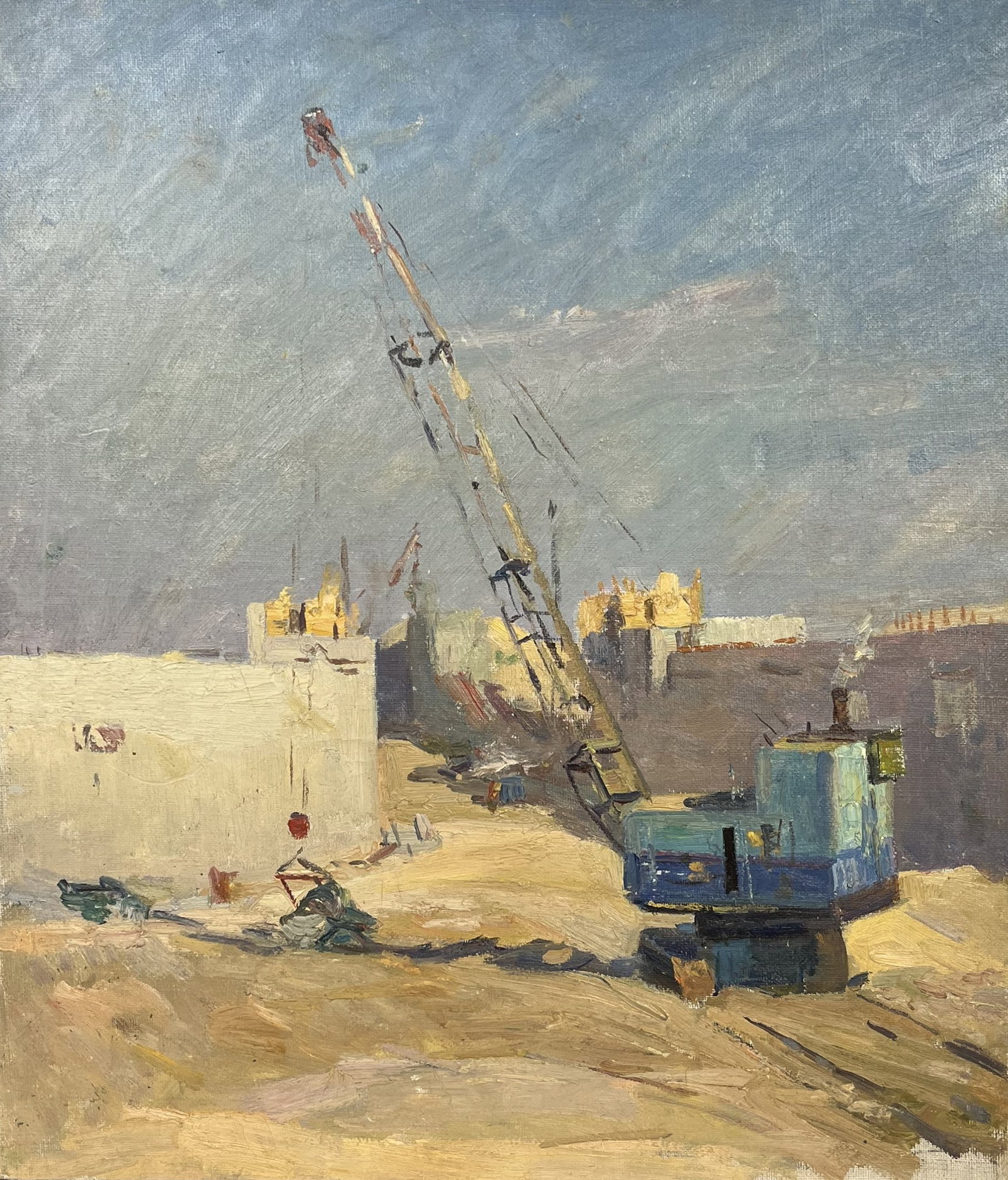 Oil painting At a construction site Strelov A: Title: Oil painting At a construction site Strelov A Description: 143??Duk Painter: Strelov A S?ze: 69,5x60 cm/27,36x23,62 inches Components: oil, canvas Original painting from our collection ERA: Sho
