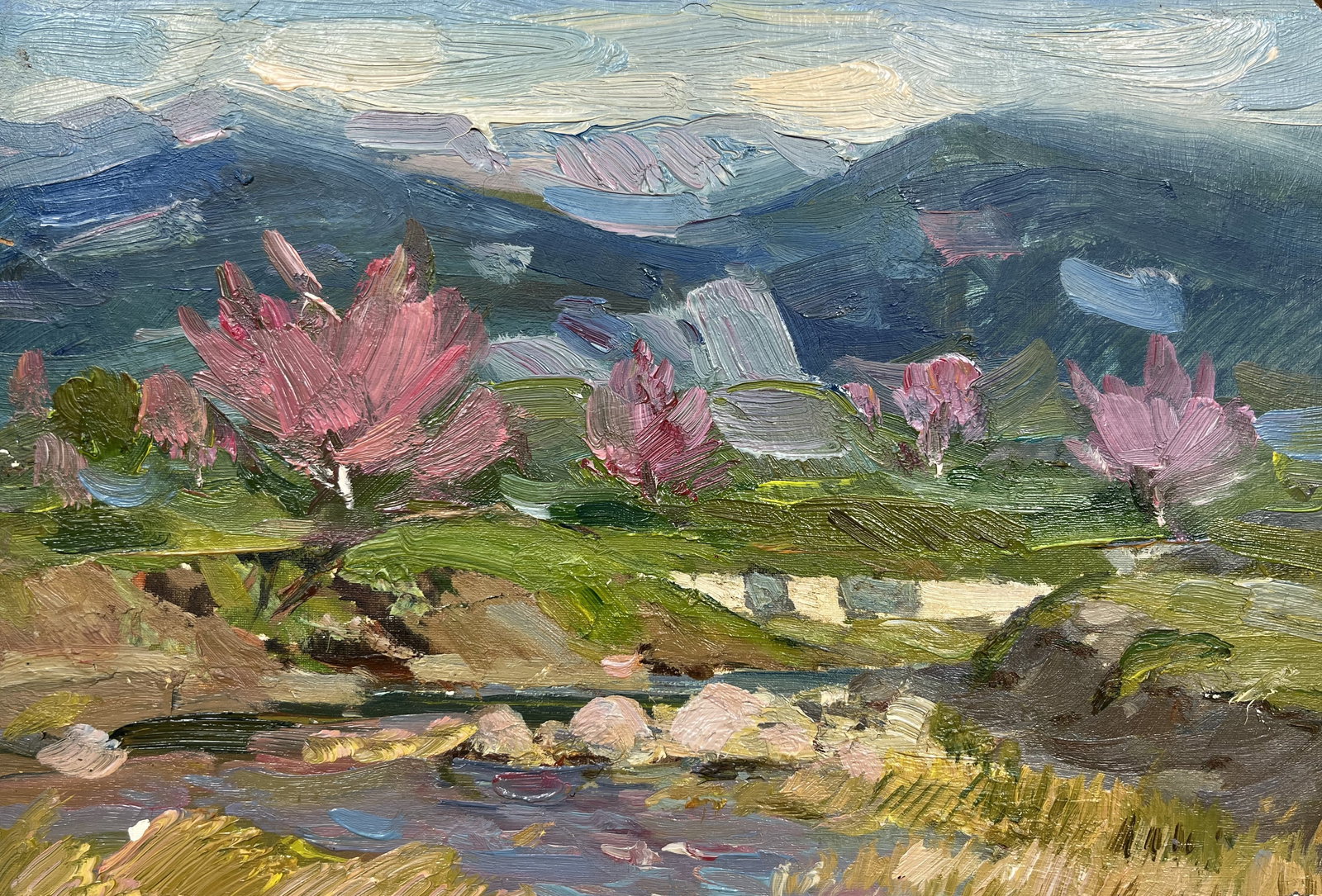 Oil painting Mountain valley Strelov A.: Title: Oil painting Mountain valley Strelov A. Description: 155??Duk Painter: Strelov A. S?ze: 22x33 cm/8,66x12,99 inches Components: oil, cardboard Original painting from our collection ERA: Short in