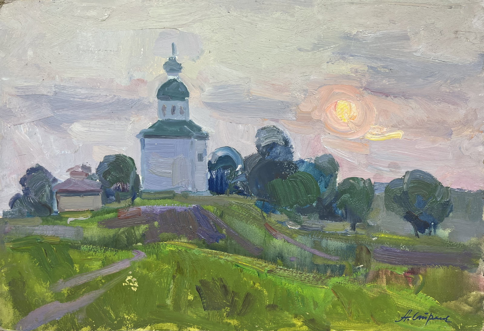 Oil painting Towards sunset Strelov A.: Title: Oil painting Towards sunset Strelov A. Description: 159??Duk Painter: Strelov A. S?ze: 35x50 cm/13,78x19,68 inches Components: oil, cardboard Original painting from our collection ERA: 1977 Sho