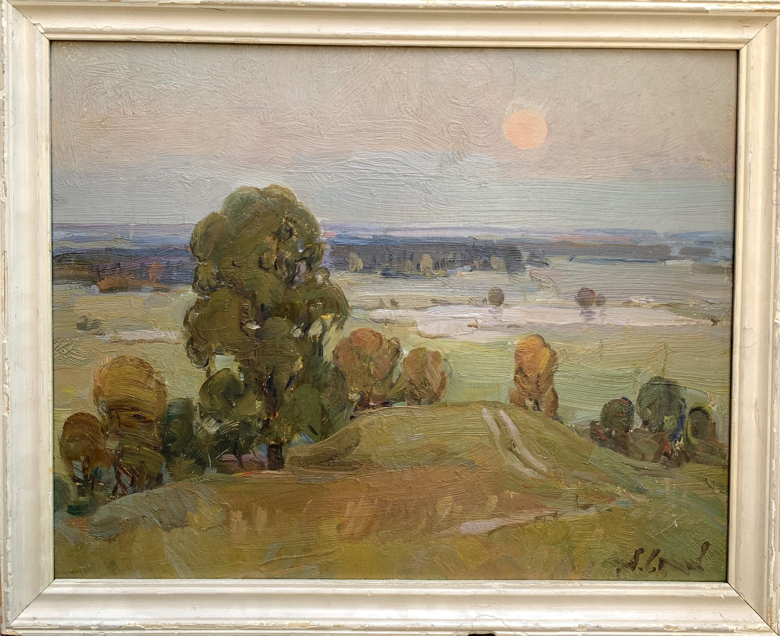 Oil painting evening in Sednev Strelov A.: Title: Oil painting evening in Sednev Strelov A. Description: 180AADuk Painter: Strelov A. S?ze: 40x50 cm/15.74x19.68 inches Components: oil, cardboard Original painting from our collection ERA: 1975 