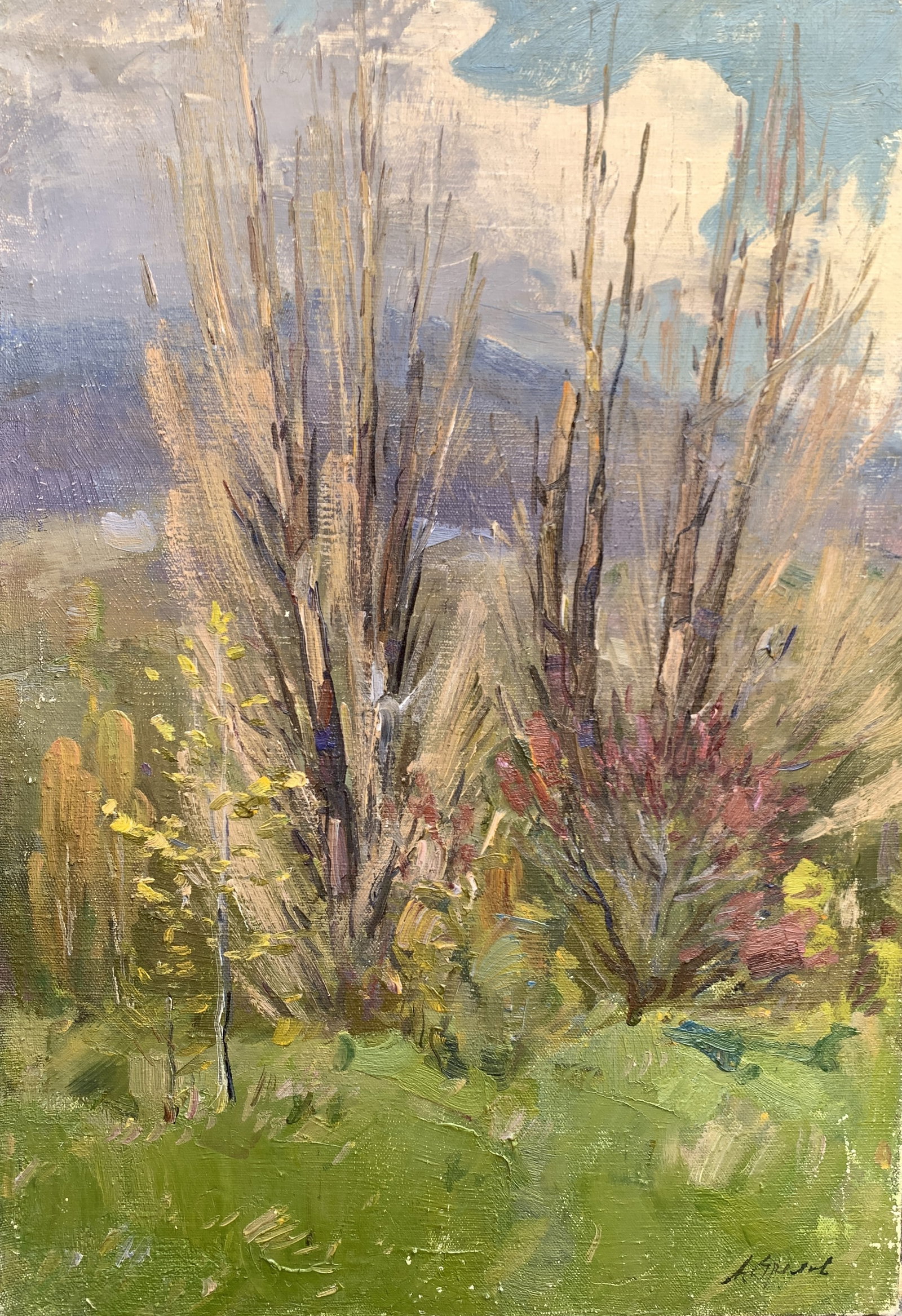 Oil painting Old poplar trees Strelov A.: Title: Oil painting Old poplar trees Strelov A. Description: 188AADuk Painter: Strelov A. S?ze: 67x47 cm/26.37x18.5 inches Components: oil, canvas Original painting from our collection ERA: 1984 Short
