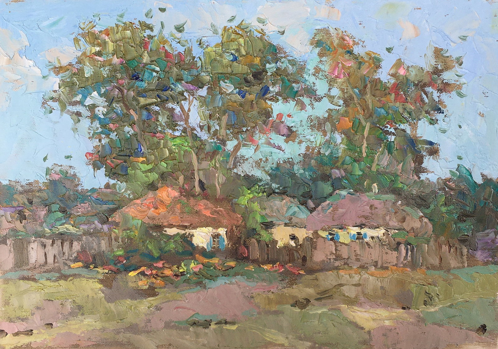 Oil painting Autumn yard Sergey Ivanovich Animov: Title: Oil painting Autumn yard Sergey Ivanovich Animov Description: 241DDD Painter: Sergey Ivanovich Animov S?ze: 27x39 cm/10,63x15,35 inches Components: canvas, oil Original painting from our collec