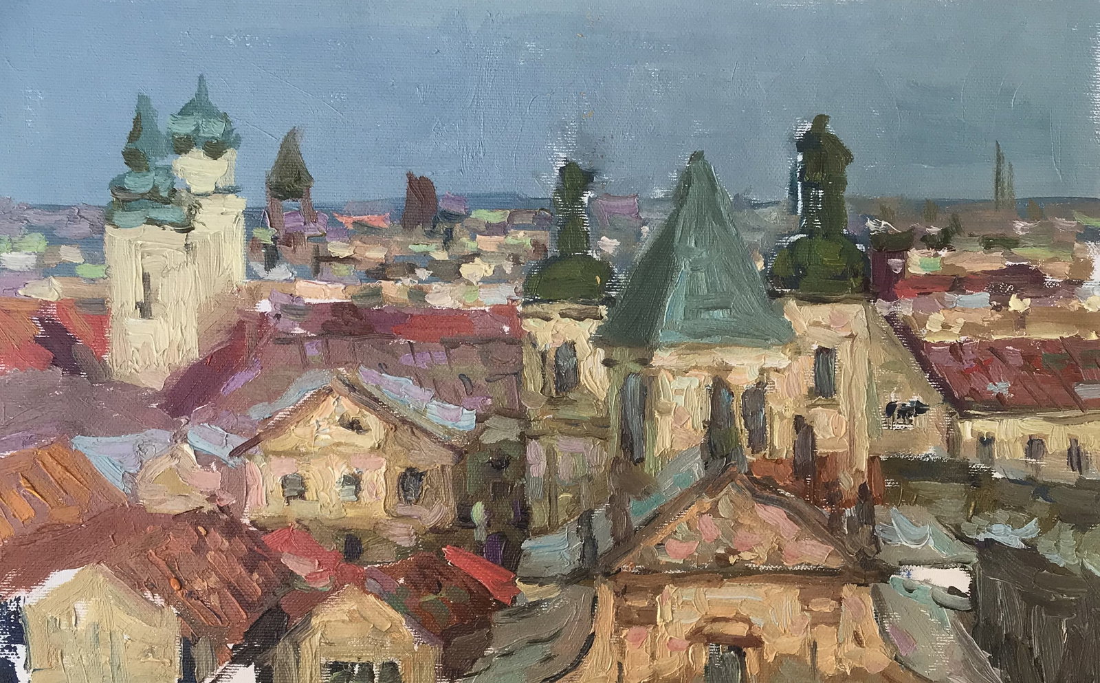 Oil painting City roofs Sergey Ivanovich Animov: Title: Oil painting City roofs Sergey Ivanovich Animov Description: 261DDD Painter: Sergey Ivanovich Animov S?ze: 25x38 cm/9.84x14.96 inches Components: canvas, oil Original painting from our collecti