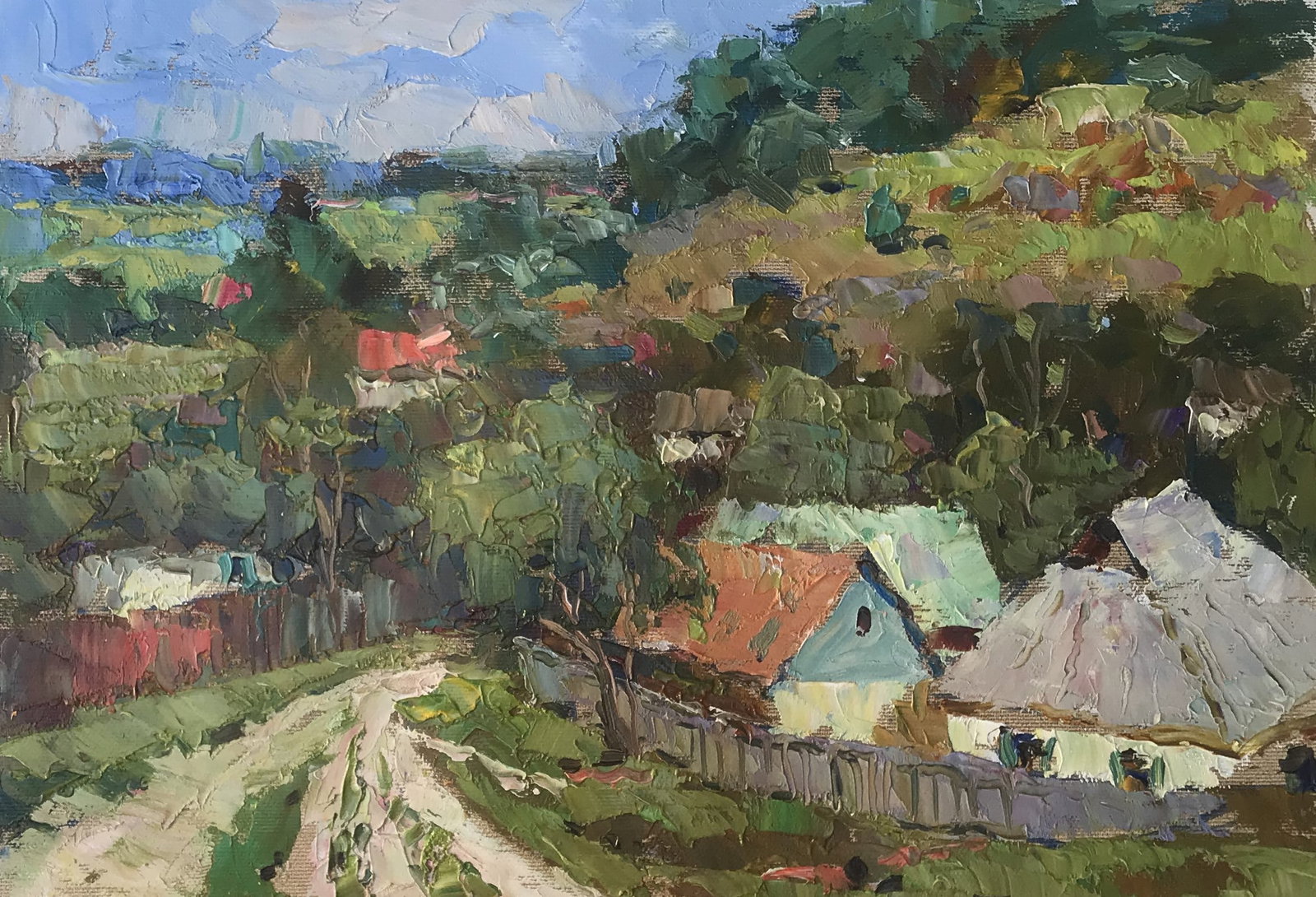 Oil painting Summer in the village Sergey Ivanovich Animov: Title: Oil painting Summer in the village Sergey Ivanovich Animov Description: 274DDD Painter: Sergey Ivanovich Animov S?ze: 26x37 cm/10,23x14,56 inches Components: canvas, oil Original painting from 