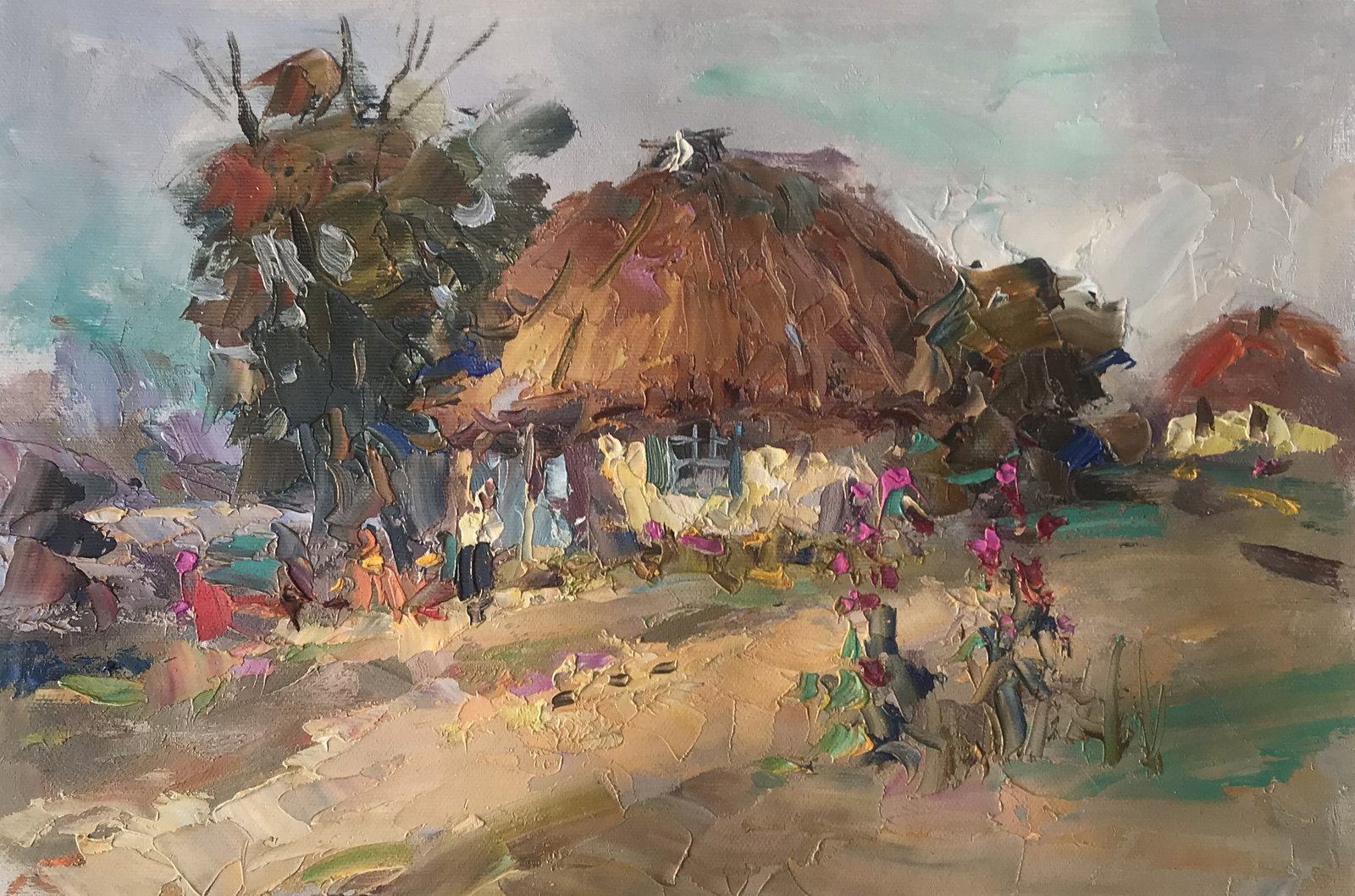 Oil painting Country yard Sergey Ivanovich Animov: Title: Oil painting Country yard Sergey Ivanovich Animov Description: 279DDD Painter: Sergey Ivanovich Animov S?ze: 26x37 cm/10,23x14,56 inches Components: canvas, oil Original painting from our colle