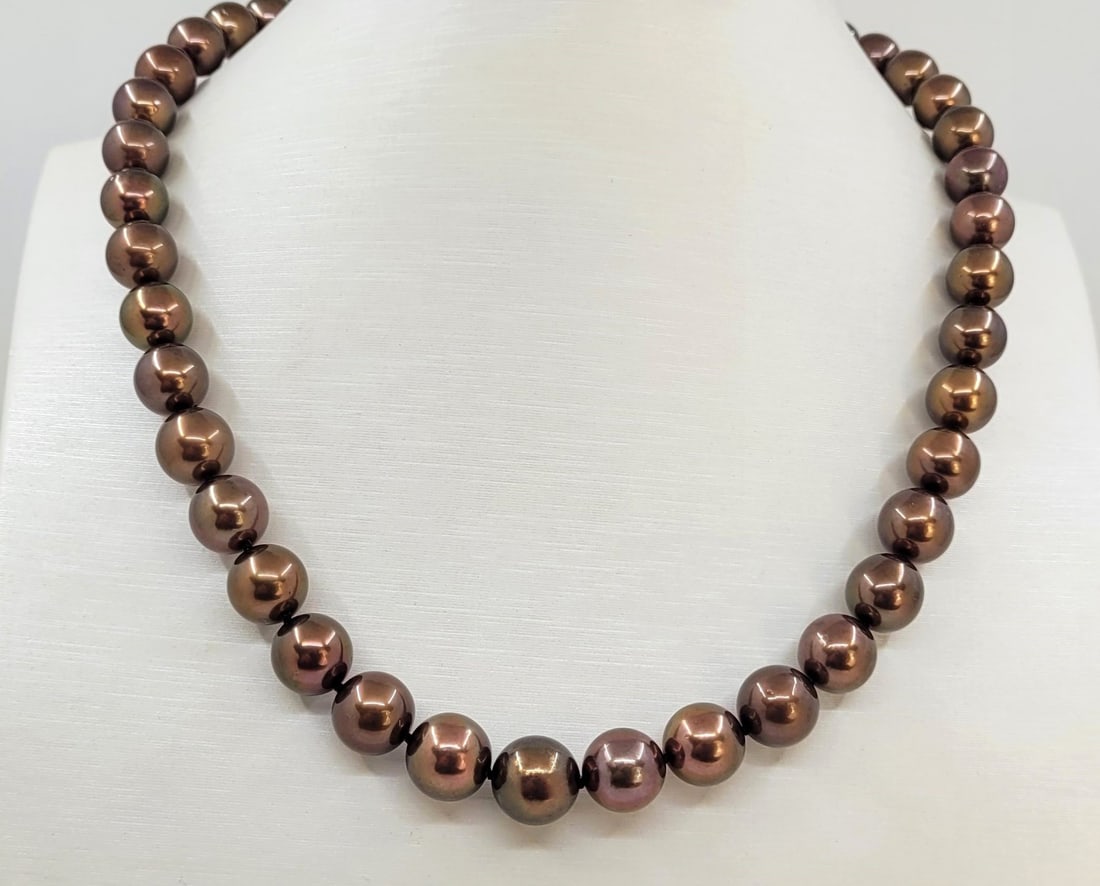 Necklace - 14 kt. Yellow gold, PSL Certified Chocolate Tahitian Pearls - 8.0x10.5mm - 3