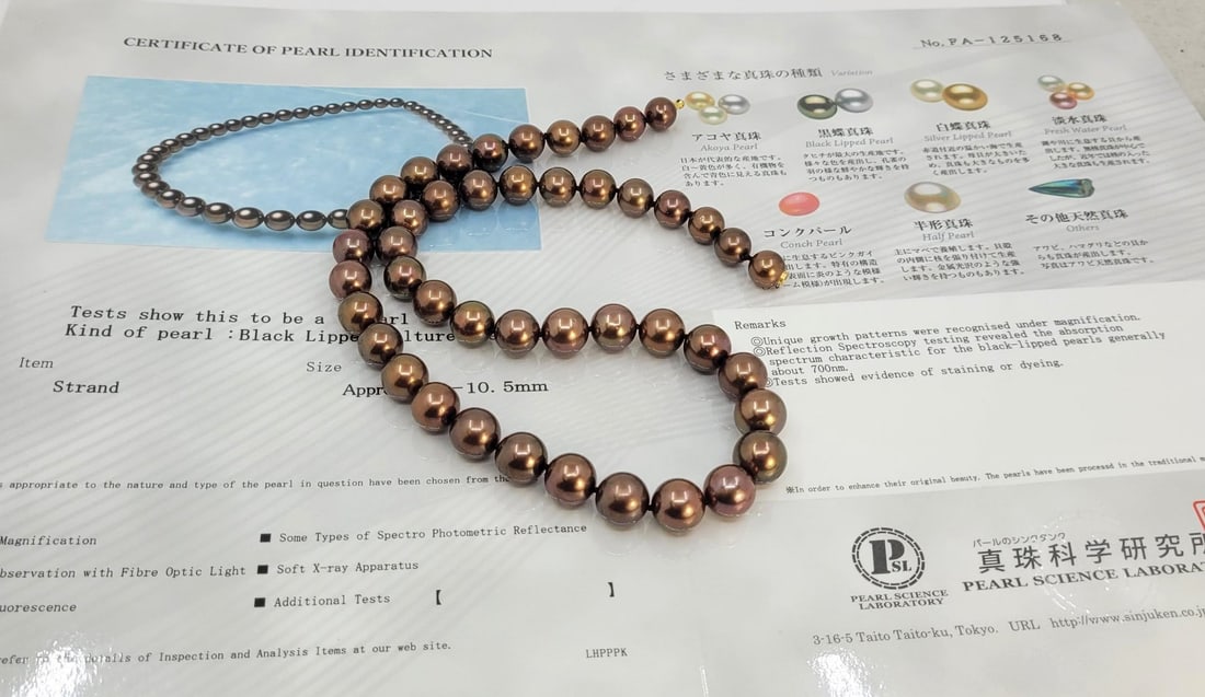Necklace - 14 kt. Yellow gold, PSL Certified Chocolate Tahitian Pearls - 8.0x10.5mm - 7