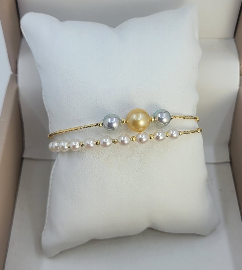 Bracelet - 18 kt. Yellow gold- 4×8,5 mm Akoya pearls - 2