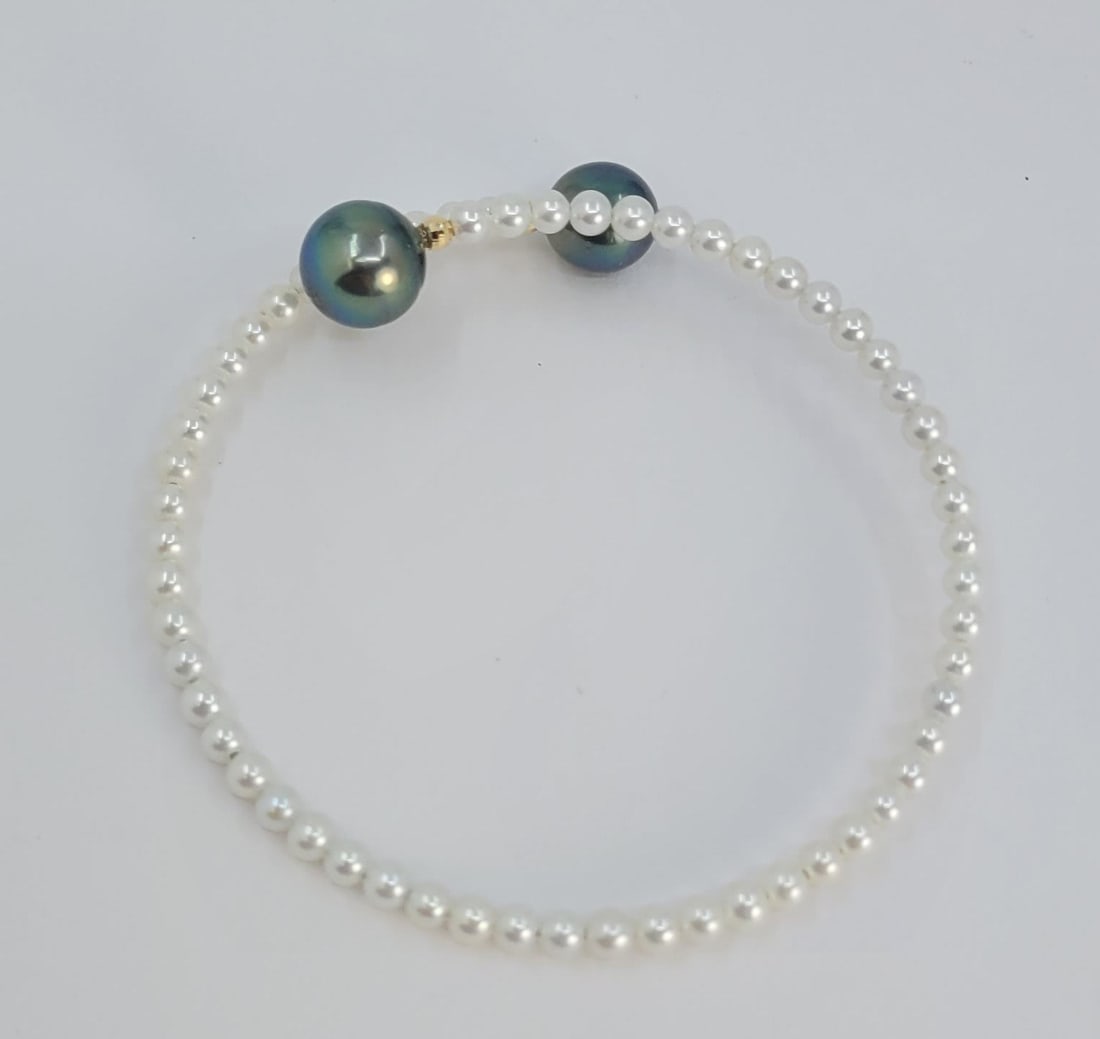 Bracelet - 18 kt. Yellow gold 10 mm Peacock Tahiti Pearls - 3,5×4 mm Freshwater pearls - 3