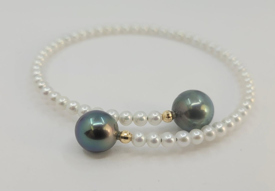Bracelet - 18 kt. Yellow gold 10 mm Peacock Tahiti Pearls - 3,5×4 mm Freshwater pearls - 4