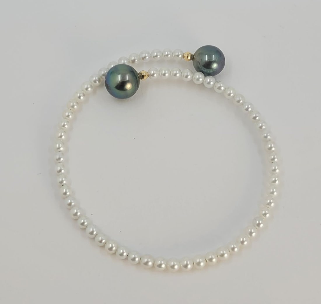 Bracelet - 18 kt. Yellow gold 10 mm Peacock Tahiti Pearls - 3,5×4 mm Freshwater pearls - 8