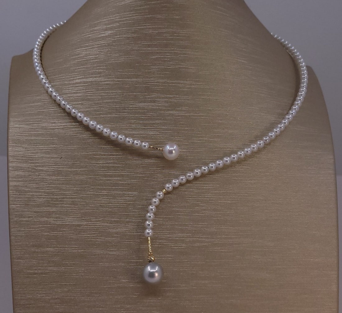 Necklace - 18 krt Yellow gold 7x9 mm Akoya pearls - 3,5 mm freshwater pearls - 8