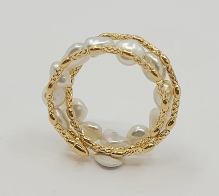 Ring - 18 kt. Yellow gold - Keshi Akoya Pearls - 4