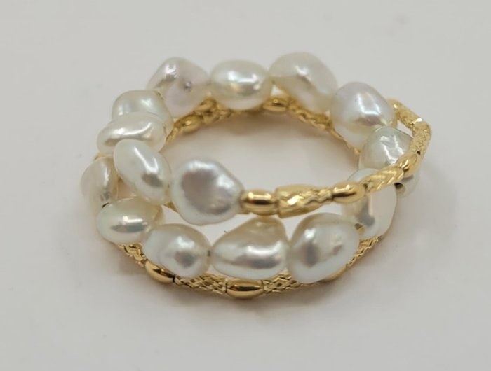 Ring - 18 kt. Yellow gold - Keshi Akoya Pearls - 5