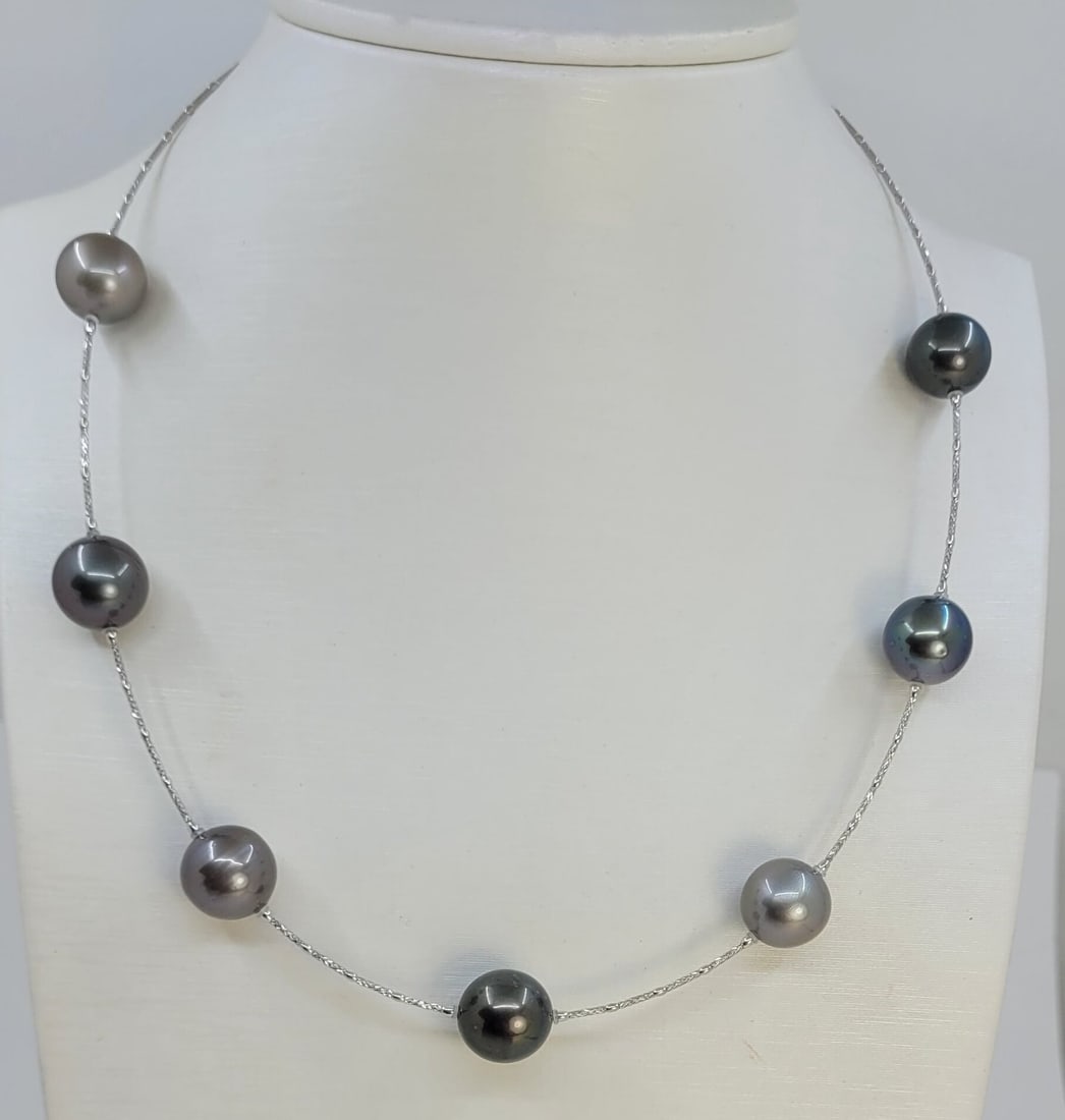 Necklace - 18 kt. White gold - Round Tahiti pearls - 4