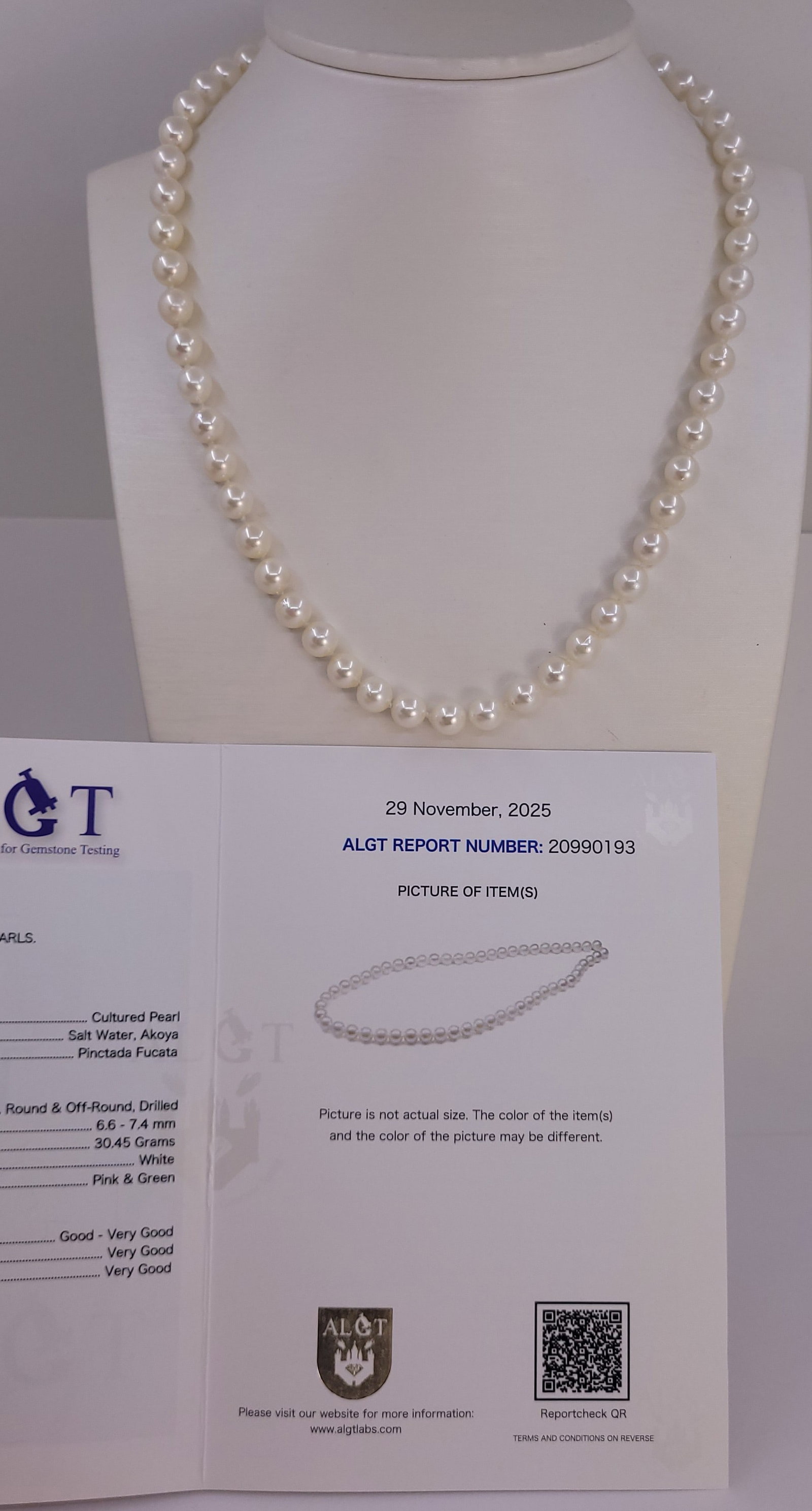 Necklace ALGT Certified Akoya Pearls - 6.6x7.4mm - 14