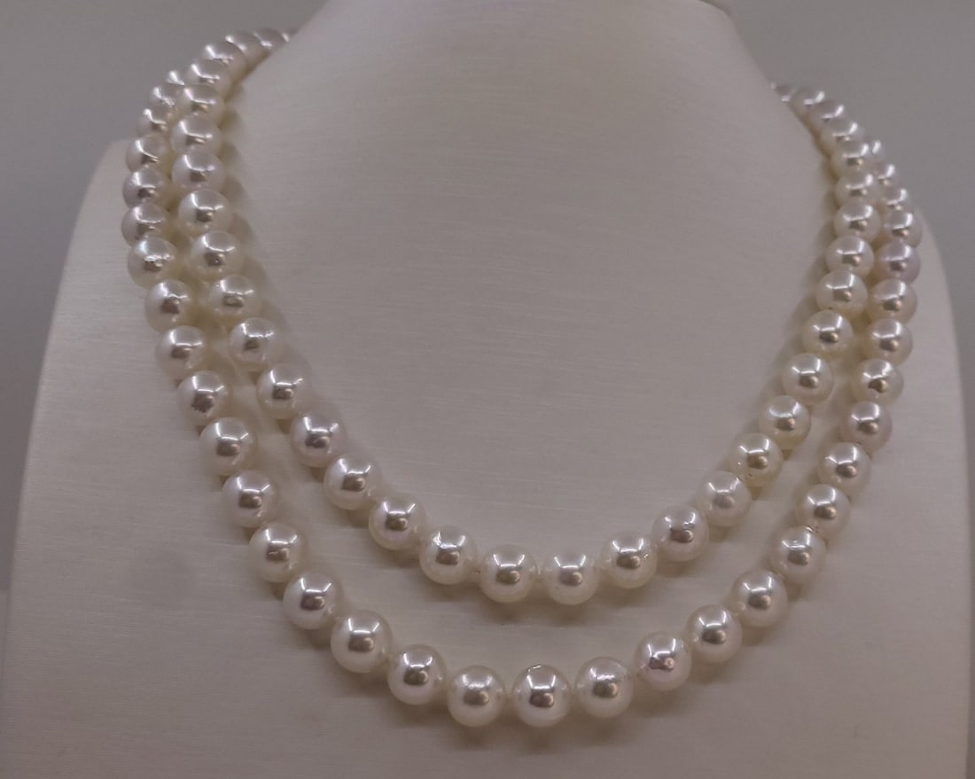 Necklace Silver, 8.0x8.5mm Bright Akoya pearls - 2