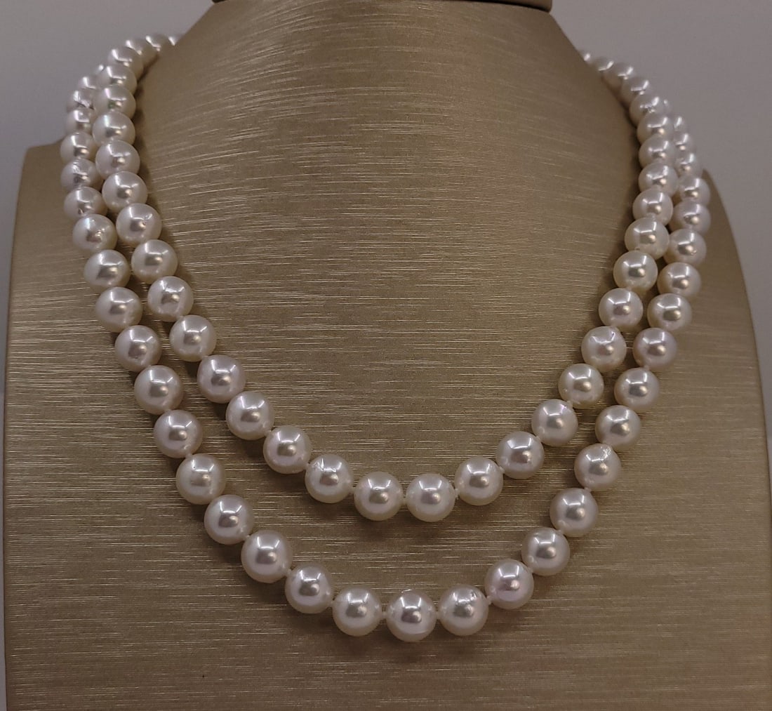 Necklace Silver, 8.0x8.5mm Bright Akoya pearls - 7