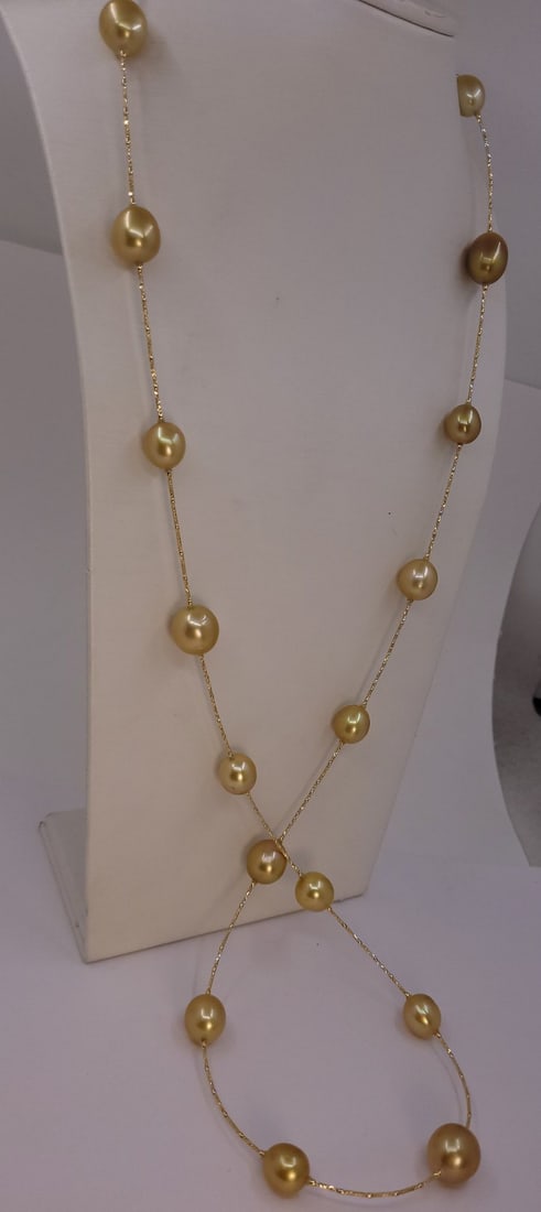 Necklace - 18 kt. Yellow gold, ALGT-certified - 10×13 mm Deep Golden South Sea Pearls - 3