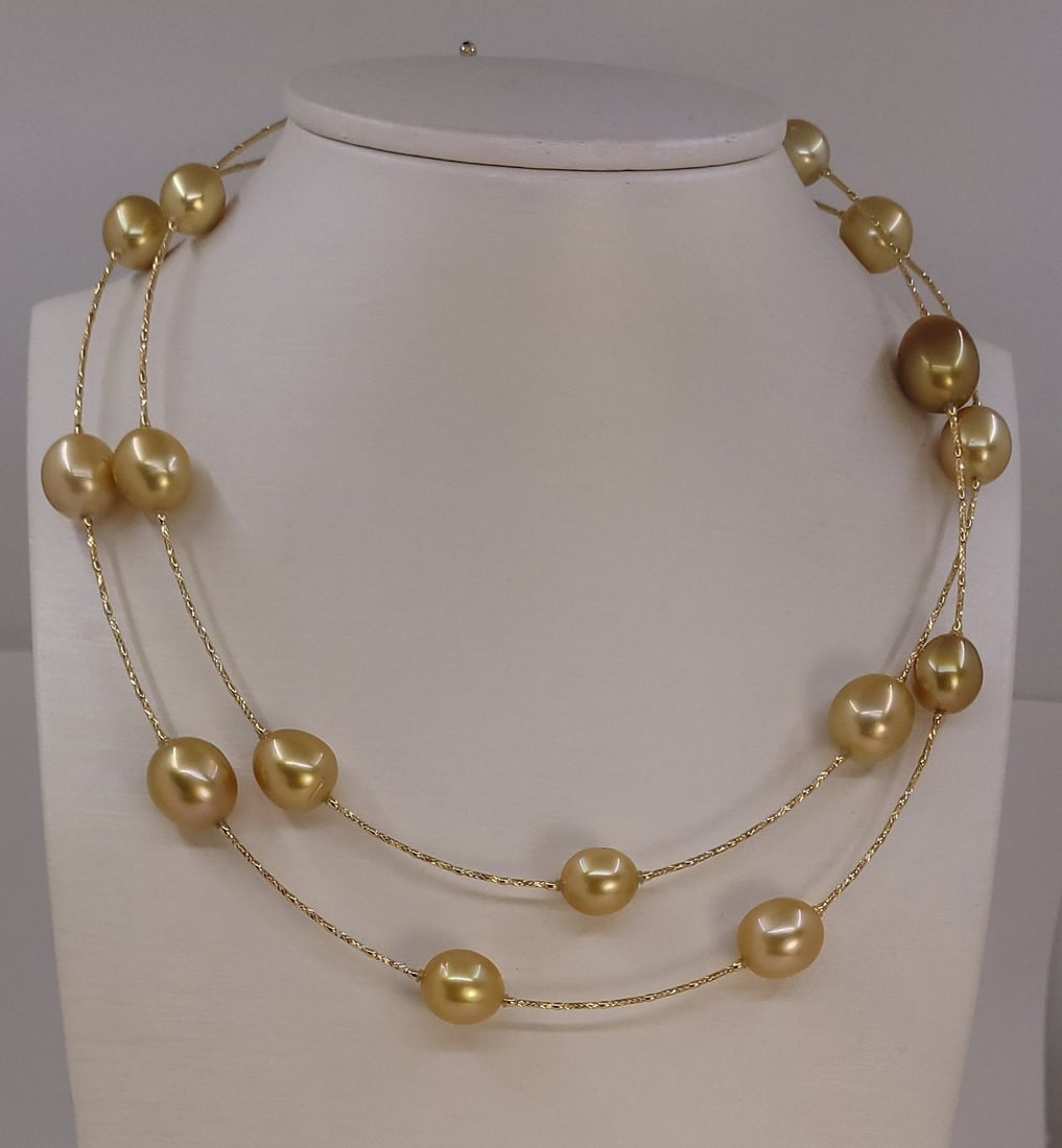 Necklace - 18 kt. Yellow gold, ALGT-certified - 10×13 mm Deep Golden South Sea Pearls - 4