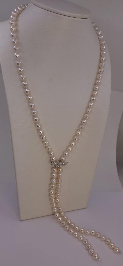 Necklace 7x7.5mm Double Akoya Pearls, Silver - 2