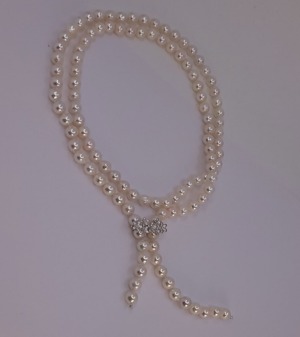 Necklace 7x7.5mm Double Akoya Pearls, Silver - 7