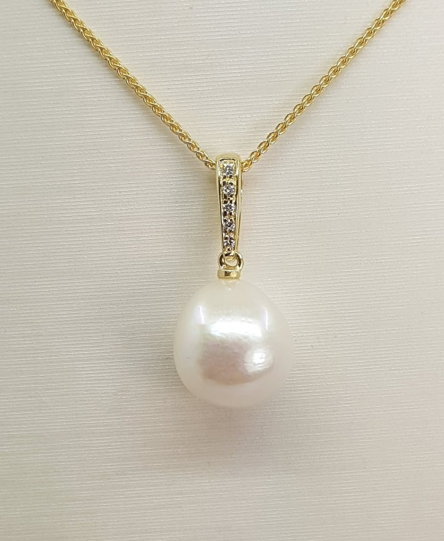 14 kt. Gold - Necklace with pendant - 11.5mm Vibrant White Edison Freshwater Pearl - 0.04ct - 6