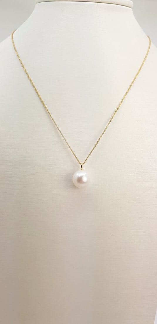 11x12mm Round Bright Edison Freshwater Pearl - 14 kt. Gold - Necklace with pendant - 2