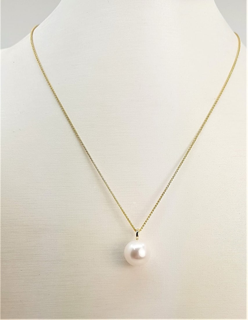 11x12mm Round Bright Edison Freshwater Pearl - 14 kt. Gold - Necklace with pendant - 3