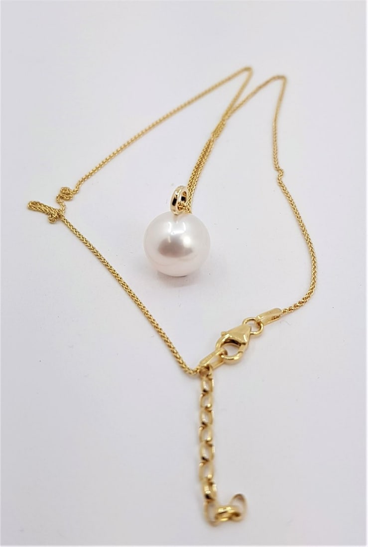 11x12mm Round Bright Edison Freshwater Pearl - 14 kt. Gold - Necklace with pendant - 4