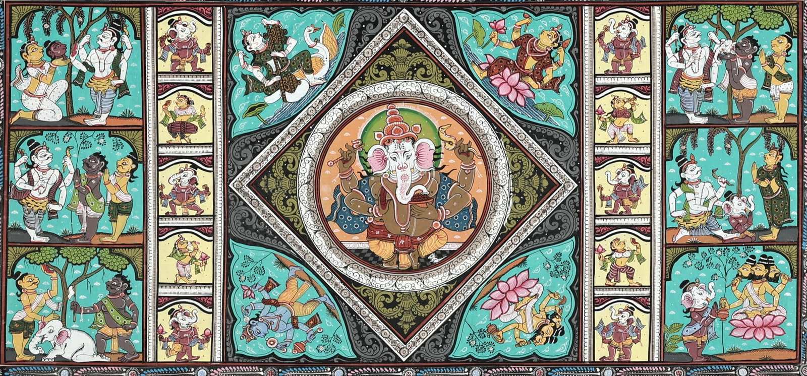 39" x 24" Bhagwan Ganesh Leela Patachitra Painting | Traditional Color | Handmade | Lord Lila - 2