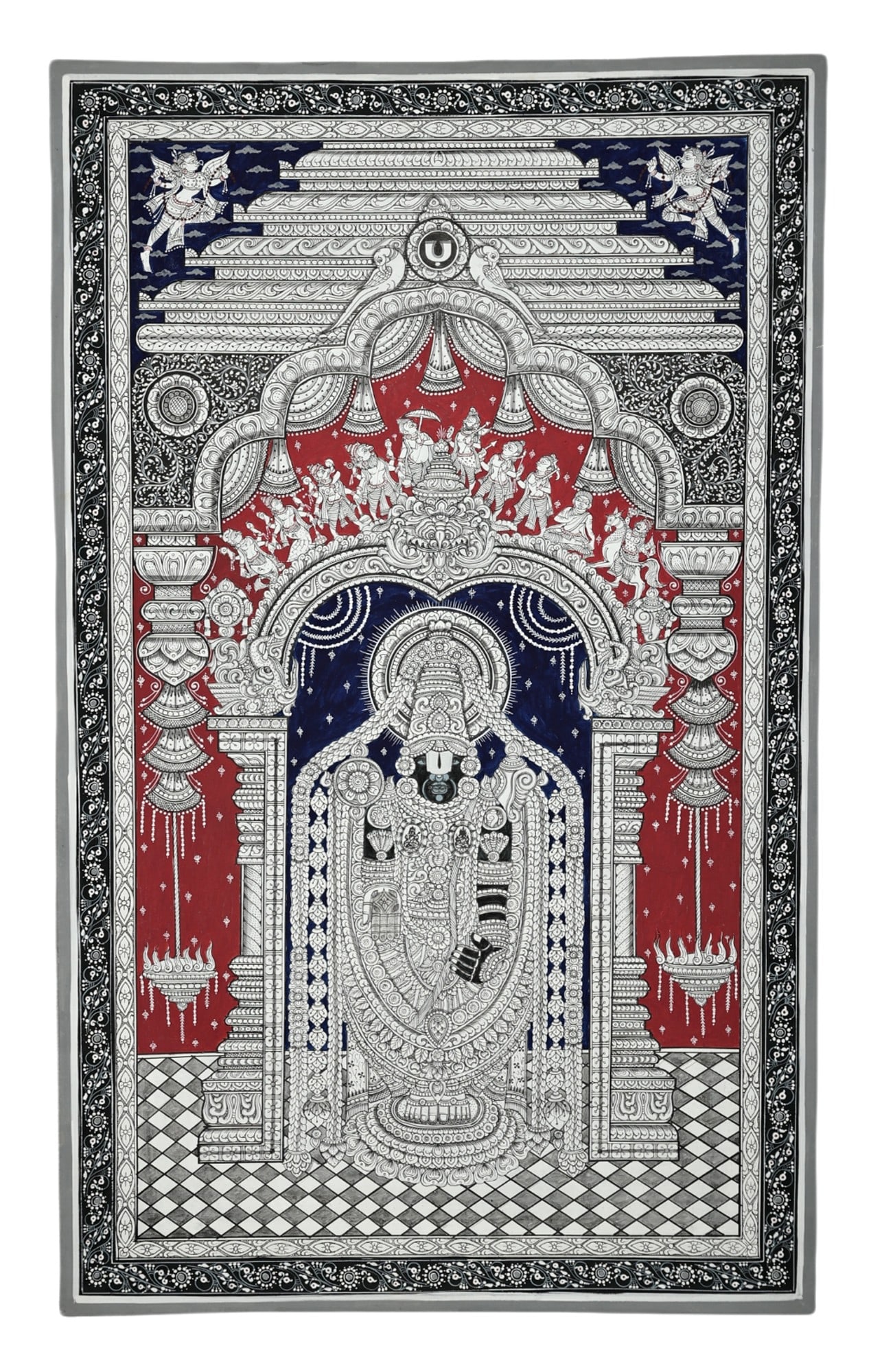 23" x 38" Super Fine The Majesty Of Lord Venkateshvara, Replete With Dashavtara Patachitra Painting: Title: 23" x 38" Super Fine The Majesty Of Lord Venkateshvara, Replete With Dashavtara Patachitra Painting | Traditional Color | Handmade | Tirupati Balaji Patachitra Paintings | Made in India Descrip