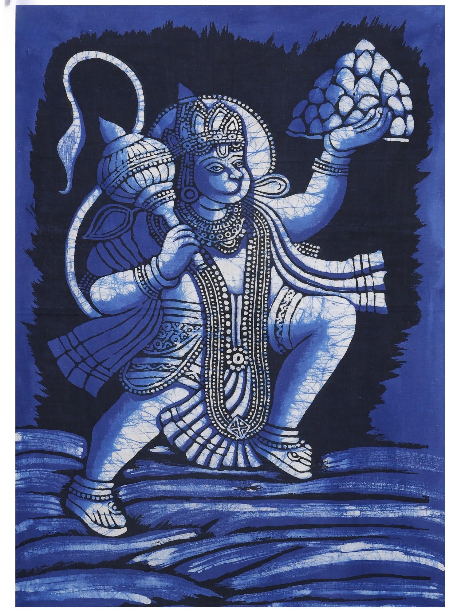 Lord Hanuman Carrying Mountain of Sanjeevani Herbs | Batik Painting (1 of 2)