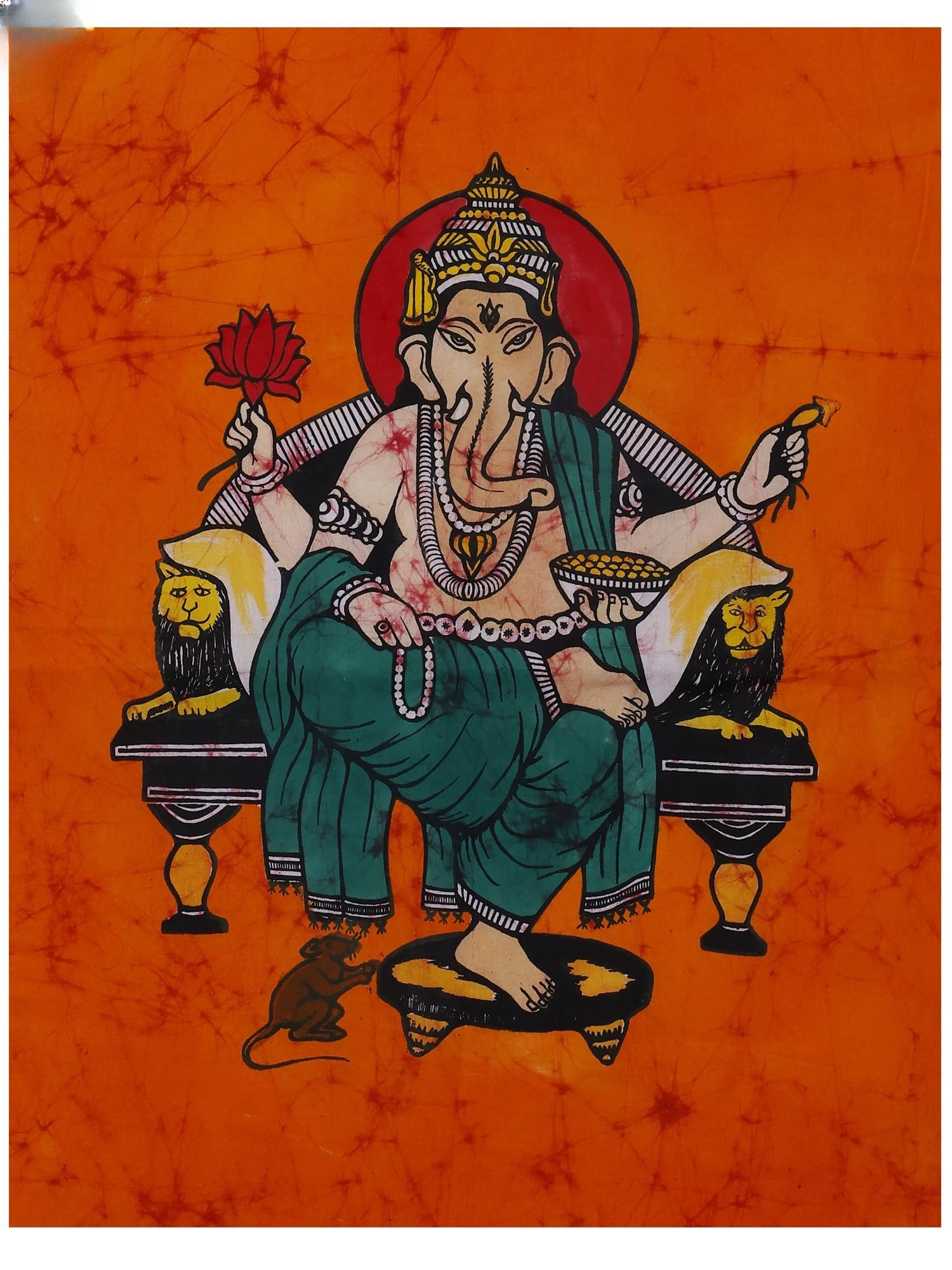 Lord Ganesha Seated on Throne | Batik Painting: Title: Lord Ganesha Seated on Throne | Batik Painting Description: Ganesha Painting Reserve: $41.40 Shipping: Domestic: Shipping rates are determined by destination International: Foreign shipping