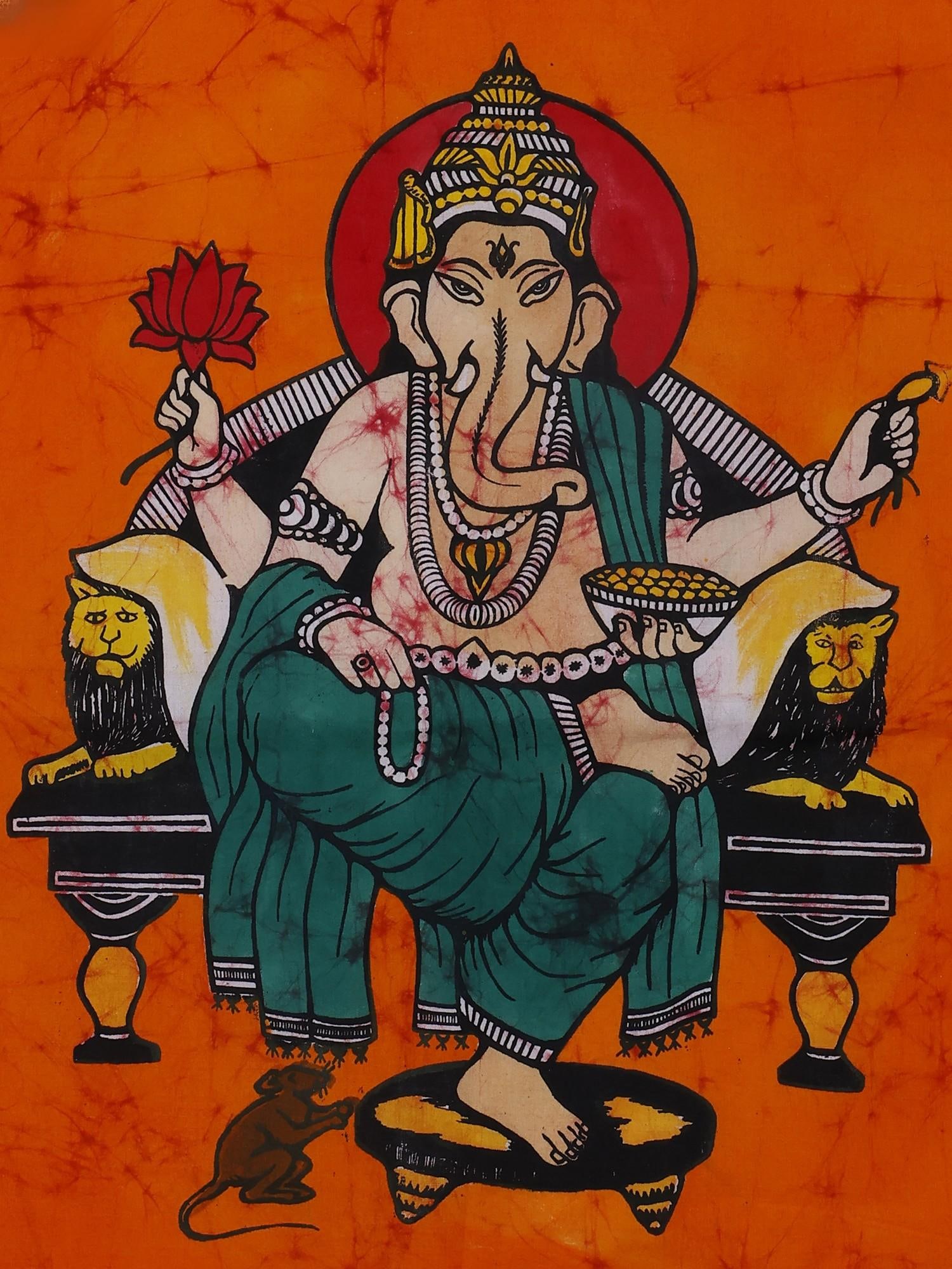 Lord Ganesha Seated on Throne | Batik Painting - 2