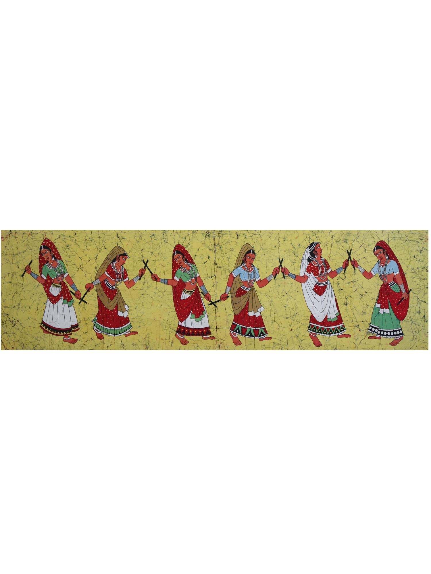 Women Playing Dandiya | Batik Painting: Title: Women Playing Dandiya | Batik Painting Description: Folk Paintings Reserve: $72.90 Shipping: Domestic: Shipping rates are determined by destination International: Foreign shipping rates are