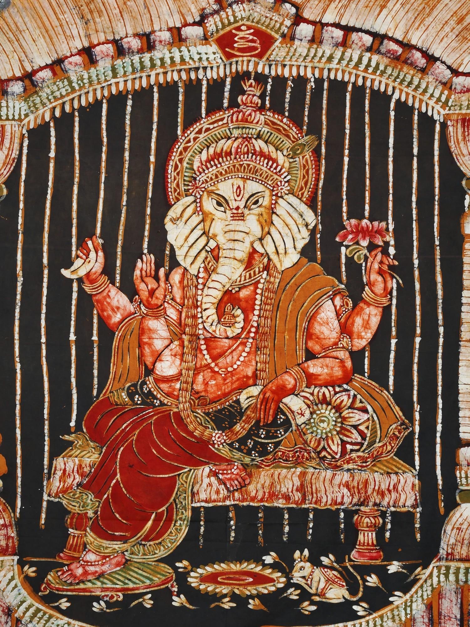 Lord Ganesha Seated on Throne | Batik Painting - 2