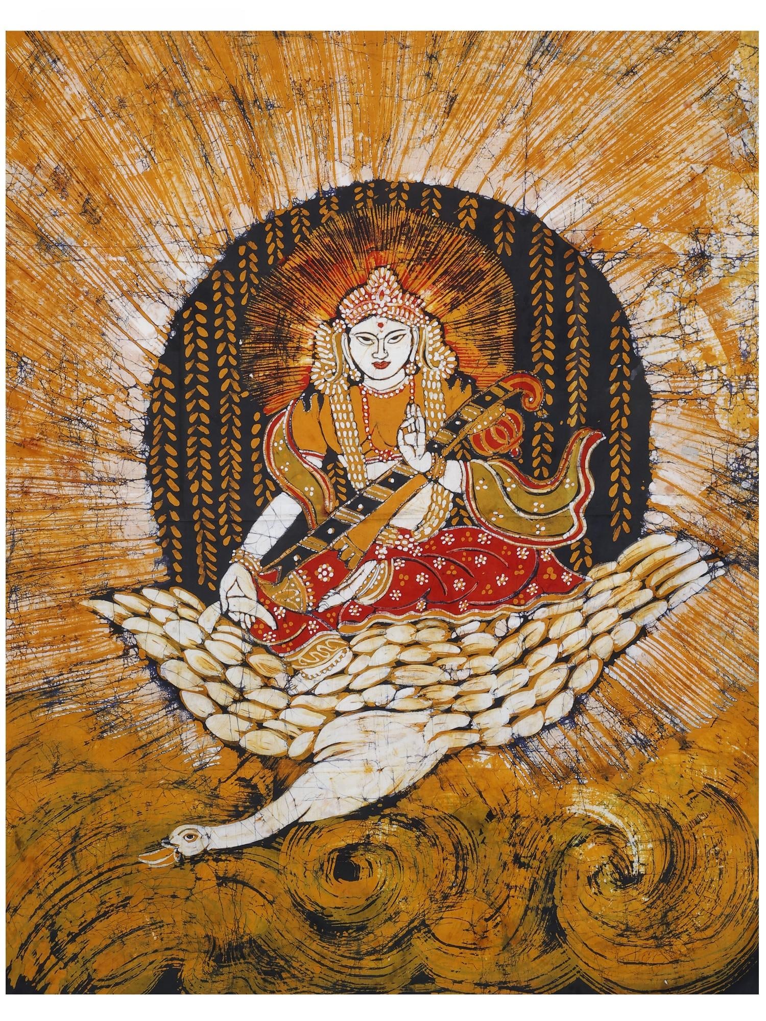 Goddess Saraswati Seated on Swan | Batik Painting: Title: Goddess Saraswati Seated on Swan | Batik Painting Description: Goddess Painting Reserve: $52.20 Shipping: Domestic: Shipping rates are determined by destination International: Foreign shipping