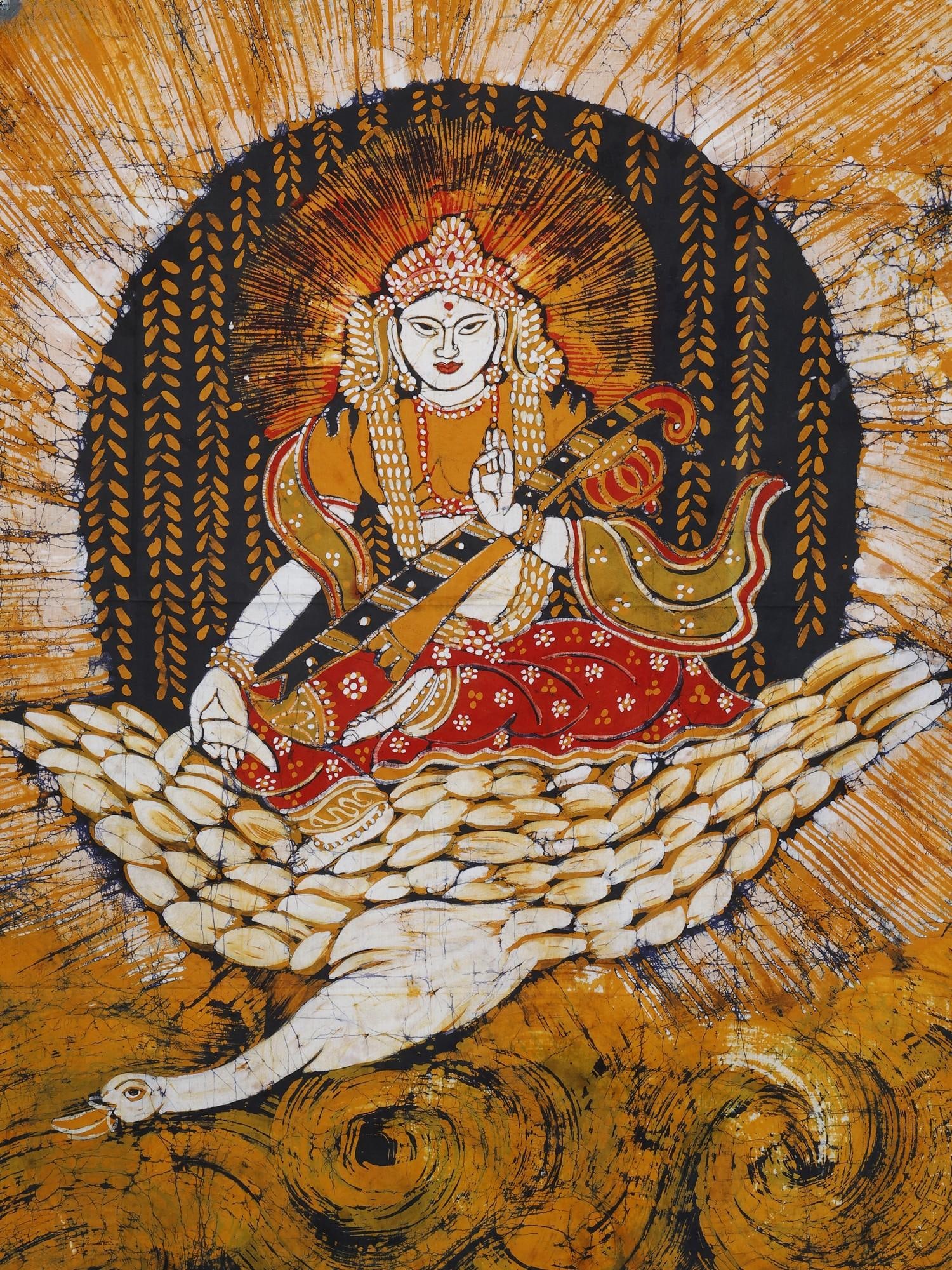 Goddess Saraswati Seated on Swan | Batik Painting - 2