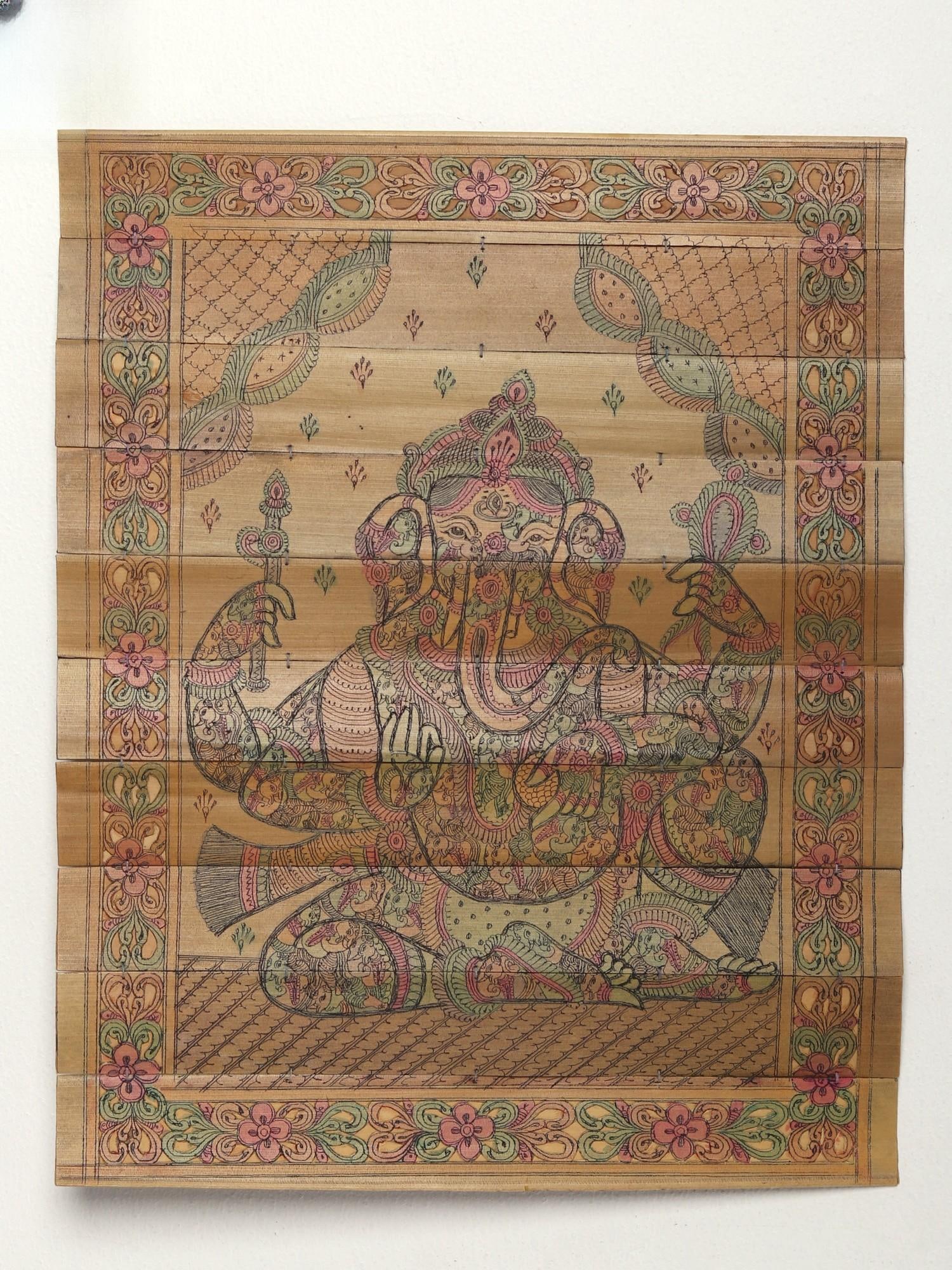 Gaj Gajanana Ganesha Engraved Art | Watercolor On Palm Leaf | By Rabi Behra: Title: Gaj Gajanana Ganesha Engraved Art | Watercolor On Palm Leaf | By Rabi Behra Description: Folk Paintings Reserve: $98.10 Shipping: Domestic: Shipping rates are determined by destination