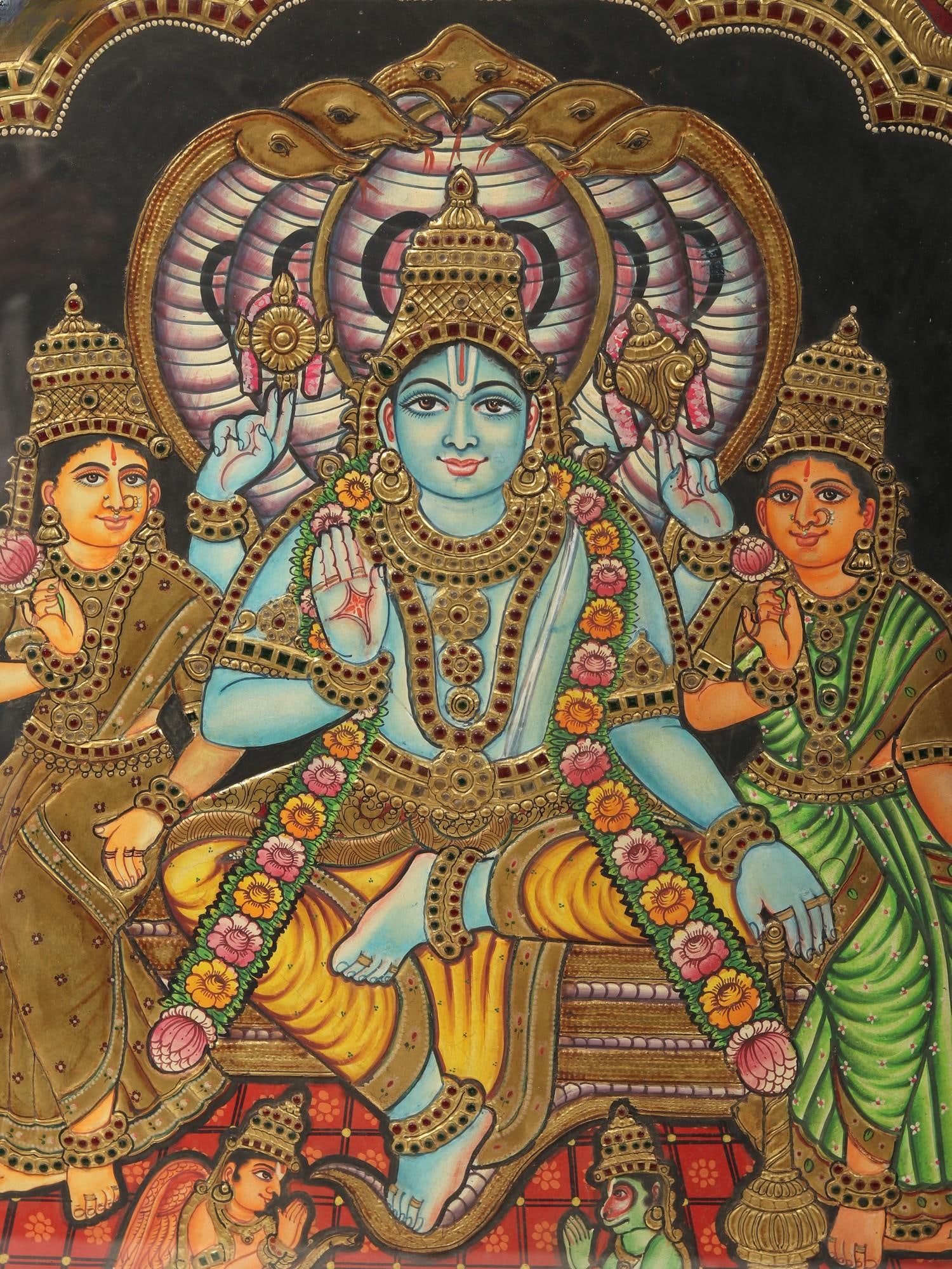 Lord Vishnu with Bhu Devi and Shri Devi - Tanjore Painting with Frame | Traditional Colors with Gold - 2