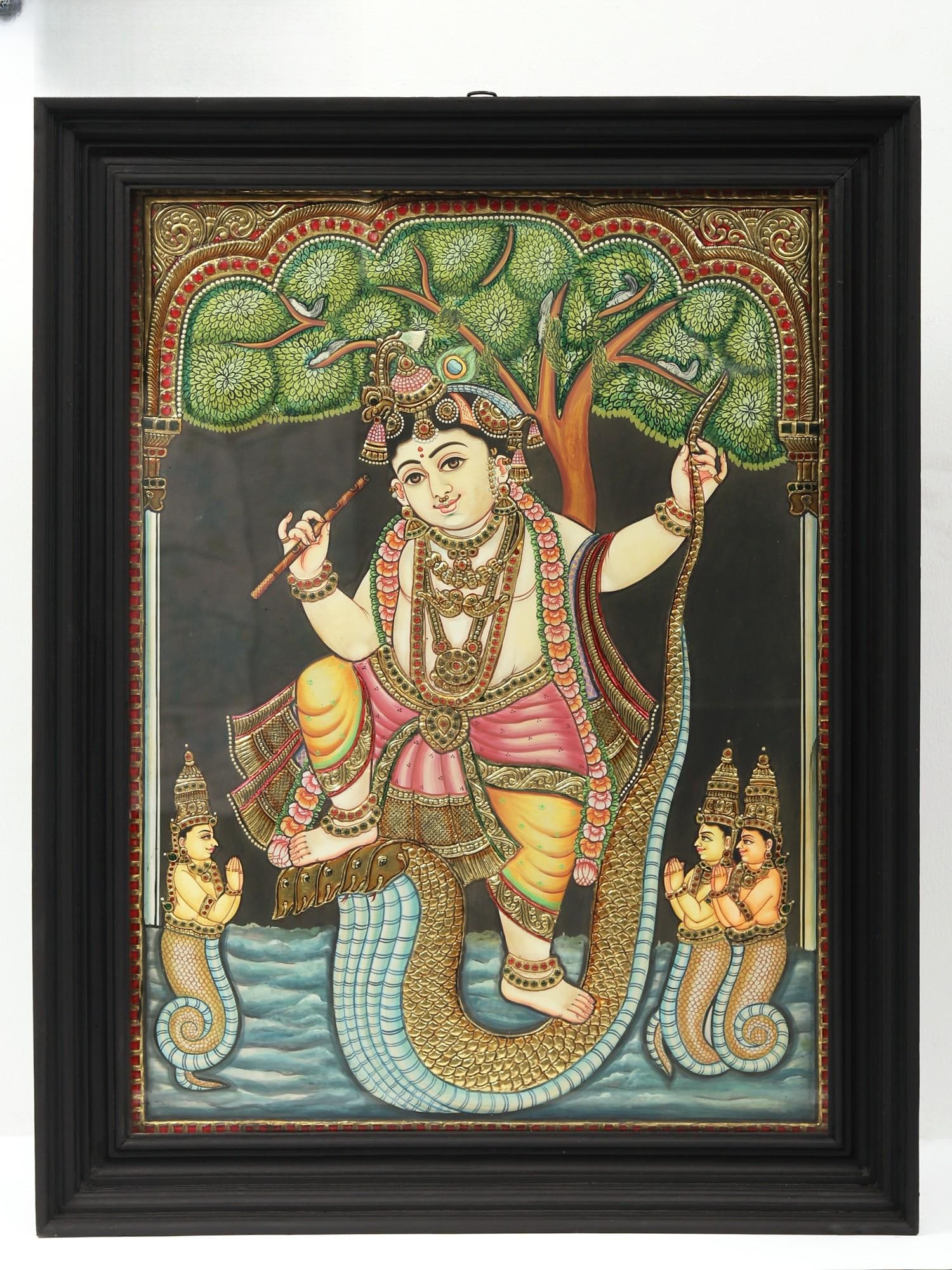 Lord Krishna Dancing on Serpent Kaliya - Tanjore Painting with Frame | Traditional Colors with Gold: Title: Lord Krishna Dancing on Serpent Kaliya - Tanjore Painting with Frame | Traditional Colors with Gold Work Description: Tanjore (Thanjavur) Painting Reserve: $1,007.10 Shipping: Domestic: Shippin