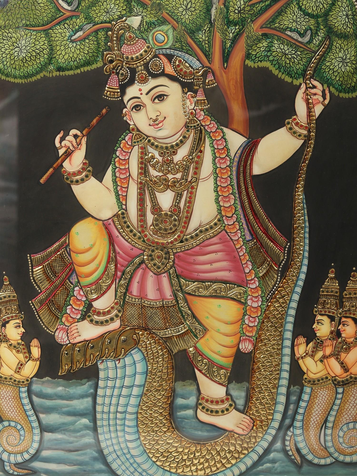 Lord Krishna Dancing on Serpent Kaliya - Tanjore Painting with Frame | Traditional Colors with Gold - 2