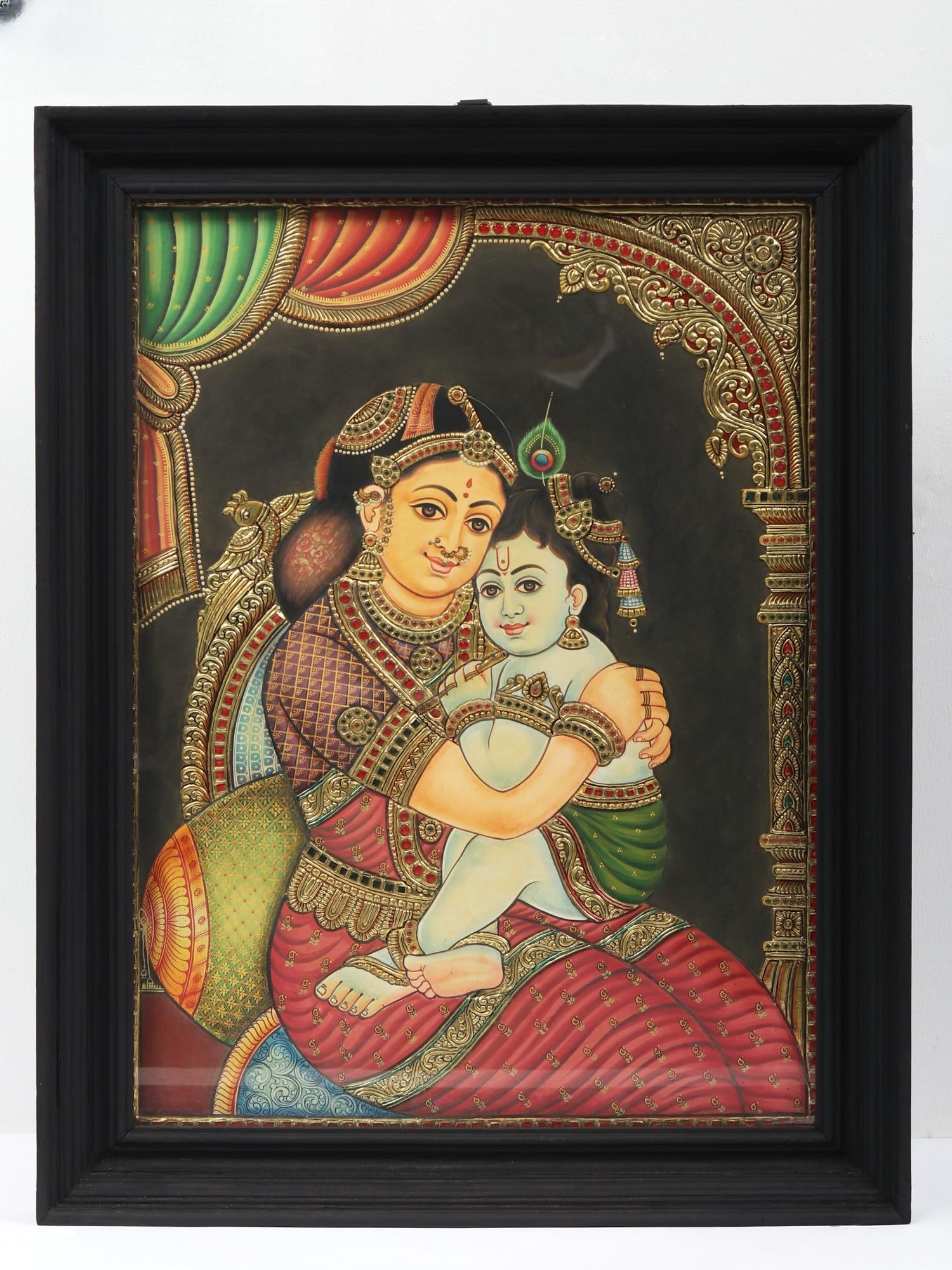 Little Krishna with Yashoda Tanjore Painting with Frame | Traditional Colors with Gold Work: Title: Little Krishna with Yashoda Tanjore Painting with Frame | Traditional Colors with Gold Work Description: Tanjore (Thanjavur) Painting Reserve: $1,007.10 Shipping: Domestic: Shipping rates are d