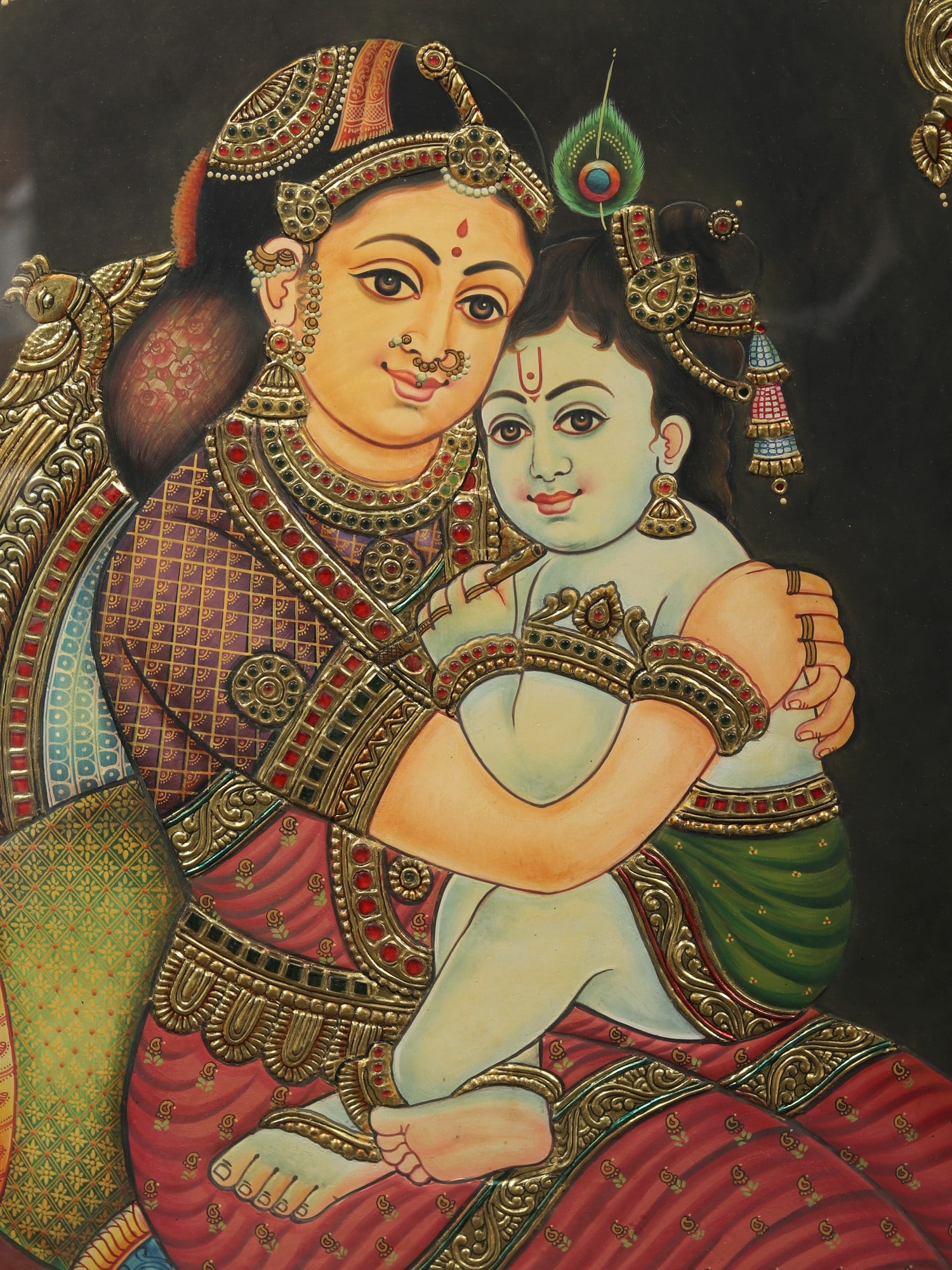 Little Krishna with Yashoda Tanjore Painting with Frame | Traditional Colors with Gold Work - 2