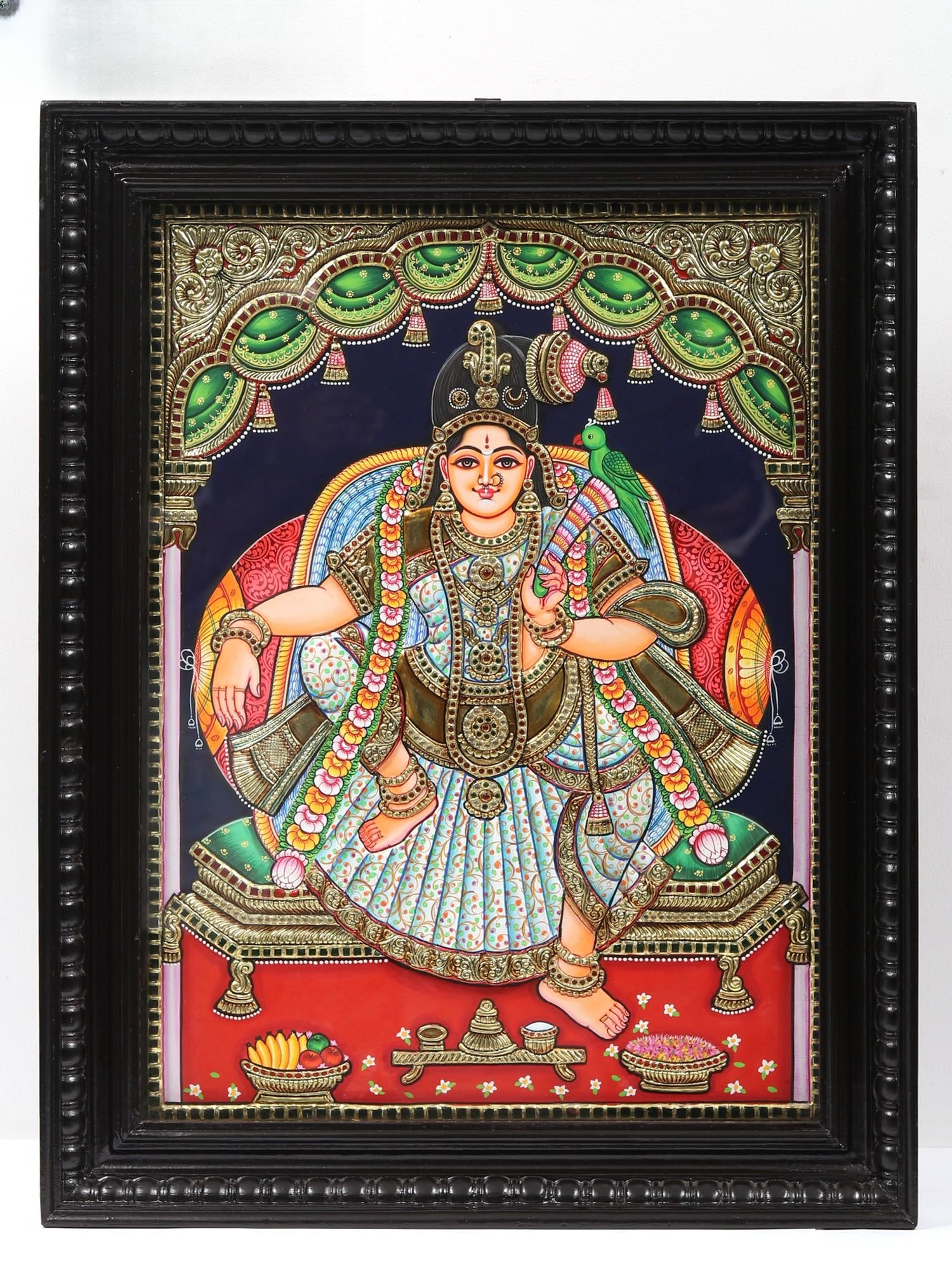 Sitting Goddess Andal | Tanjore Painting with Frame: Title: Sitting Goddess Andal | Tanjore Painting with Frame Description: Tanjore (Thanjavur) Painting Reserve: $782.10 Shipping: Domestic: Shipping rates are determined by destination International: Fo